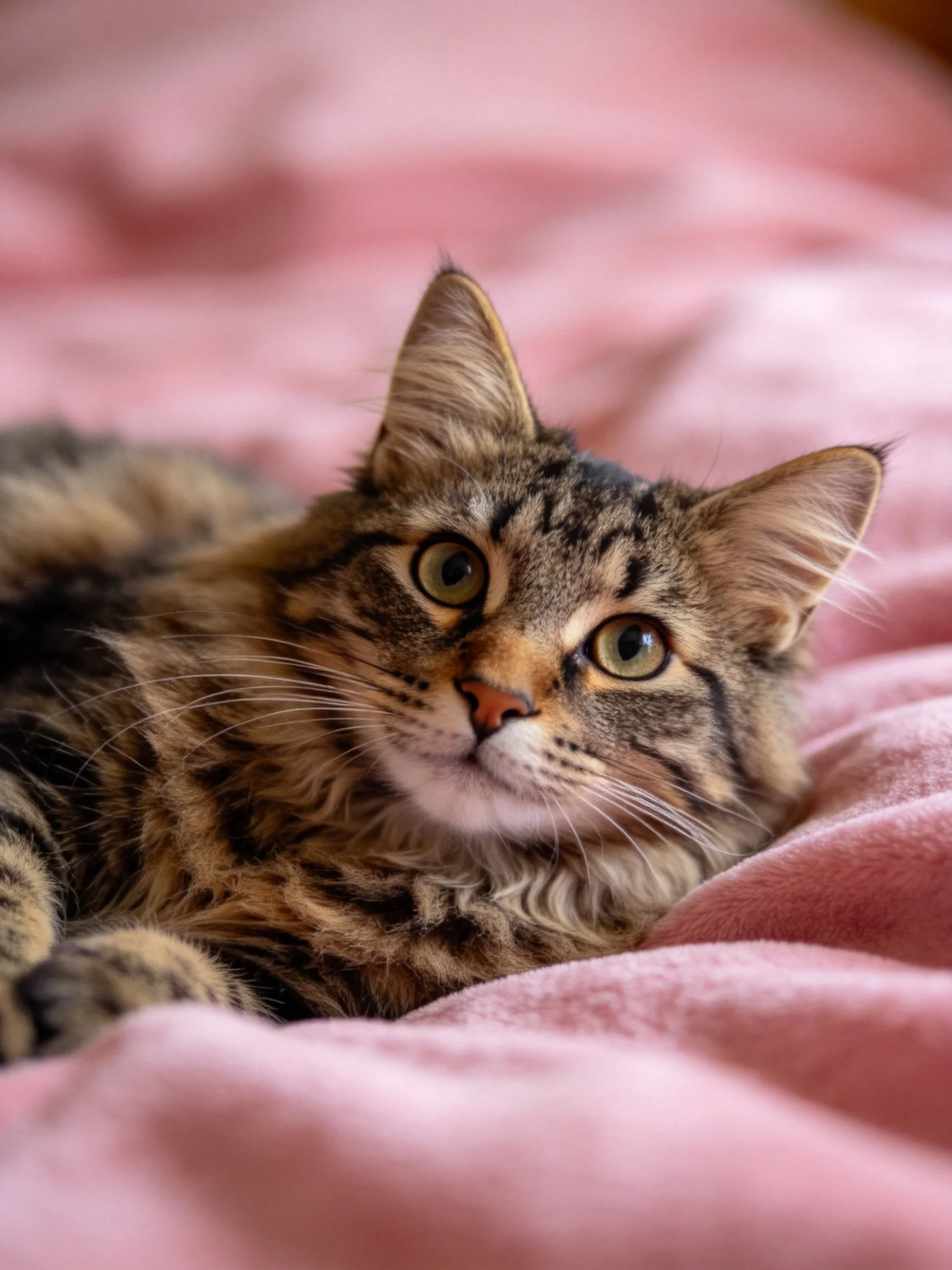 A tabby cat rests on a soft pink blanket with striking green eyes