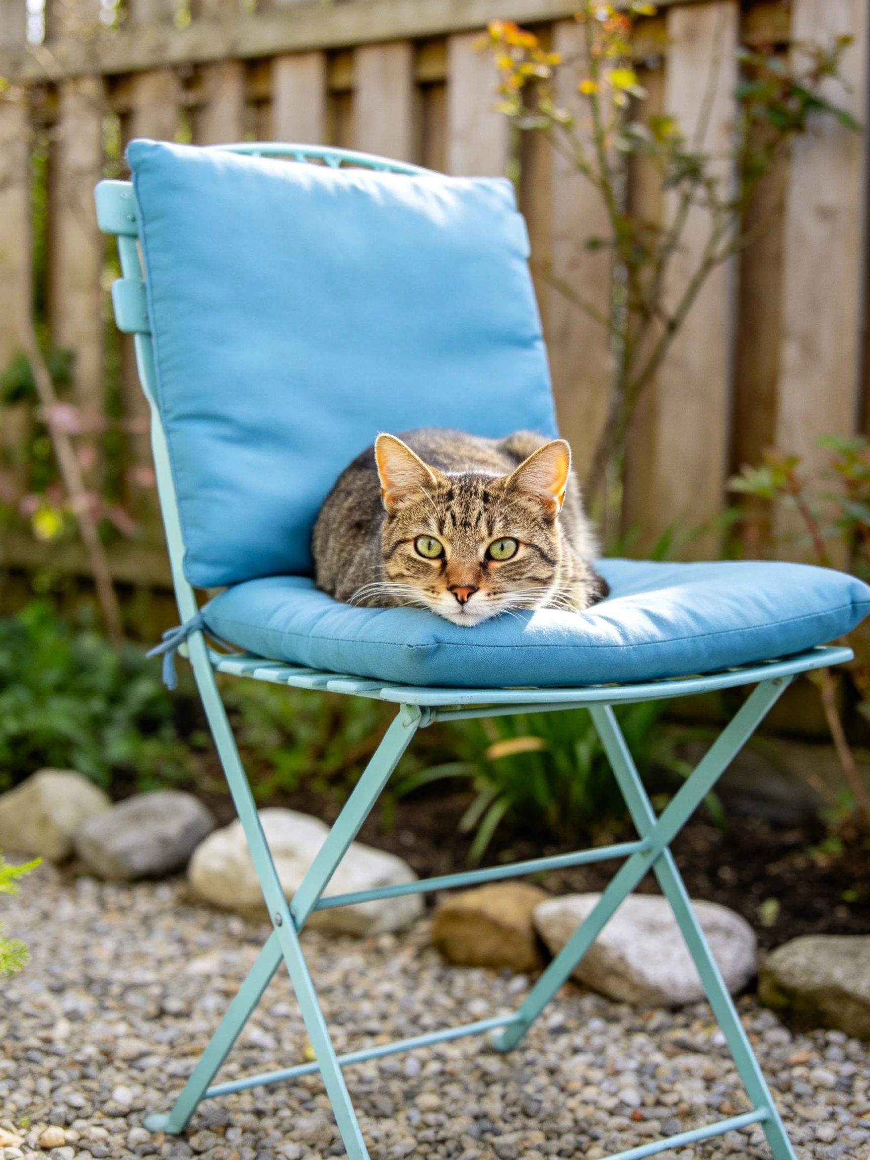 A tabby cat rests on a turquoise folding chair with blue cushions
