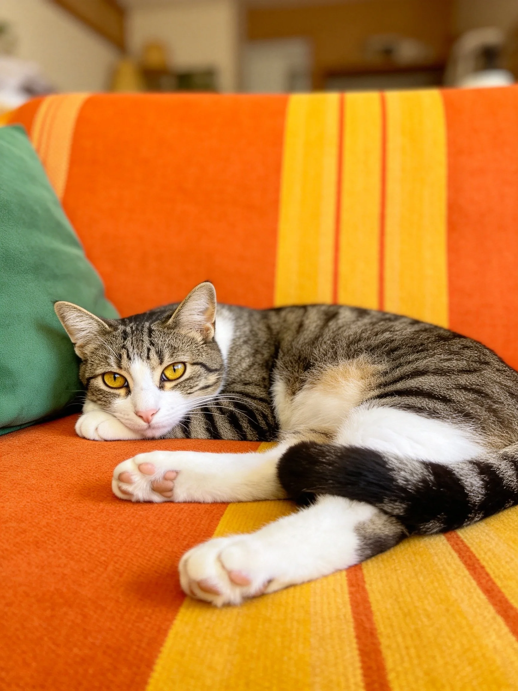 A tabby cat relaxeson a colorful striped couch beside a green pillow