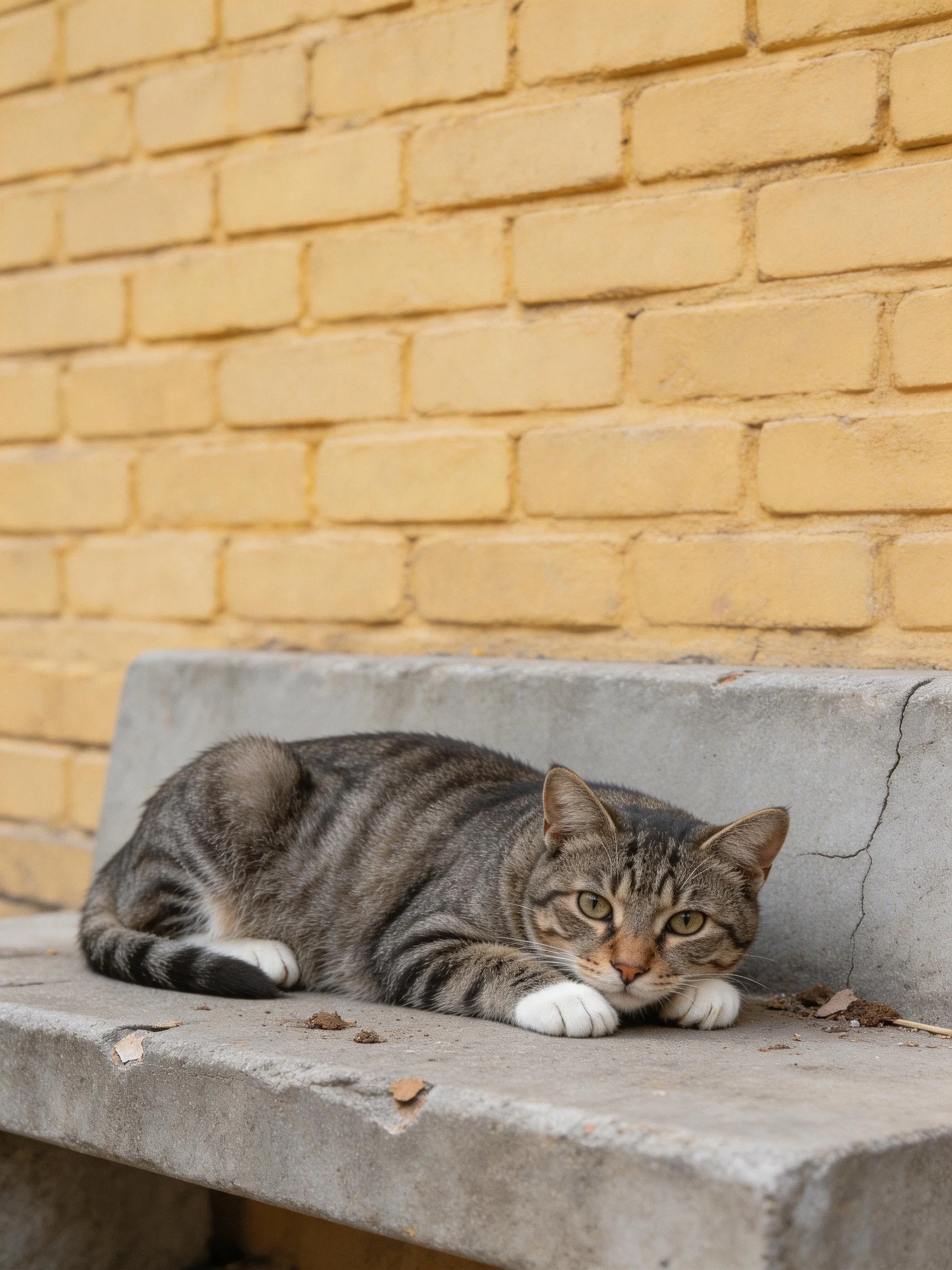 A tabby cat rests on a weathered concrete bench beside a yellow brick wall