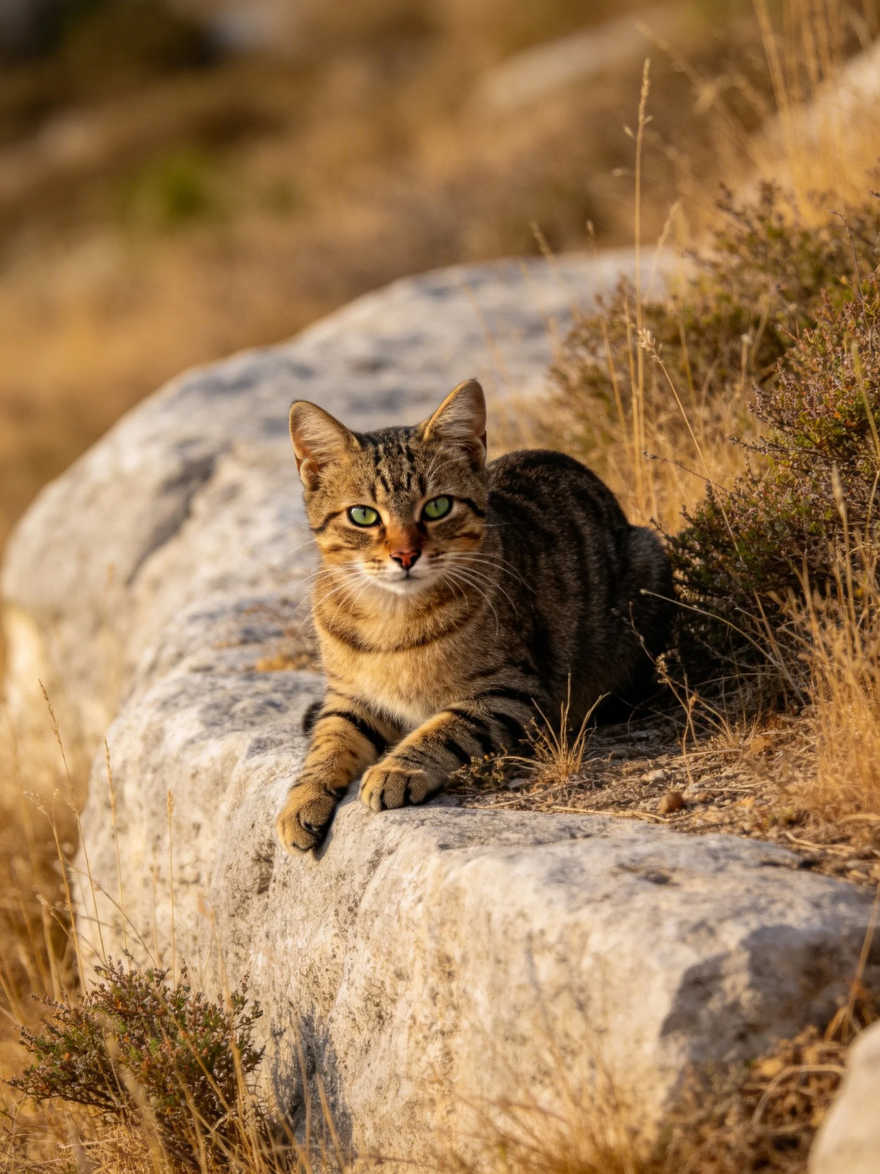 A tabby cat rests on a weathered stone amid golden foliage