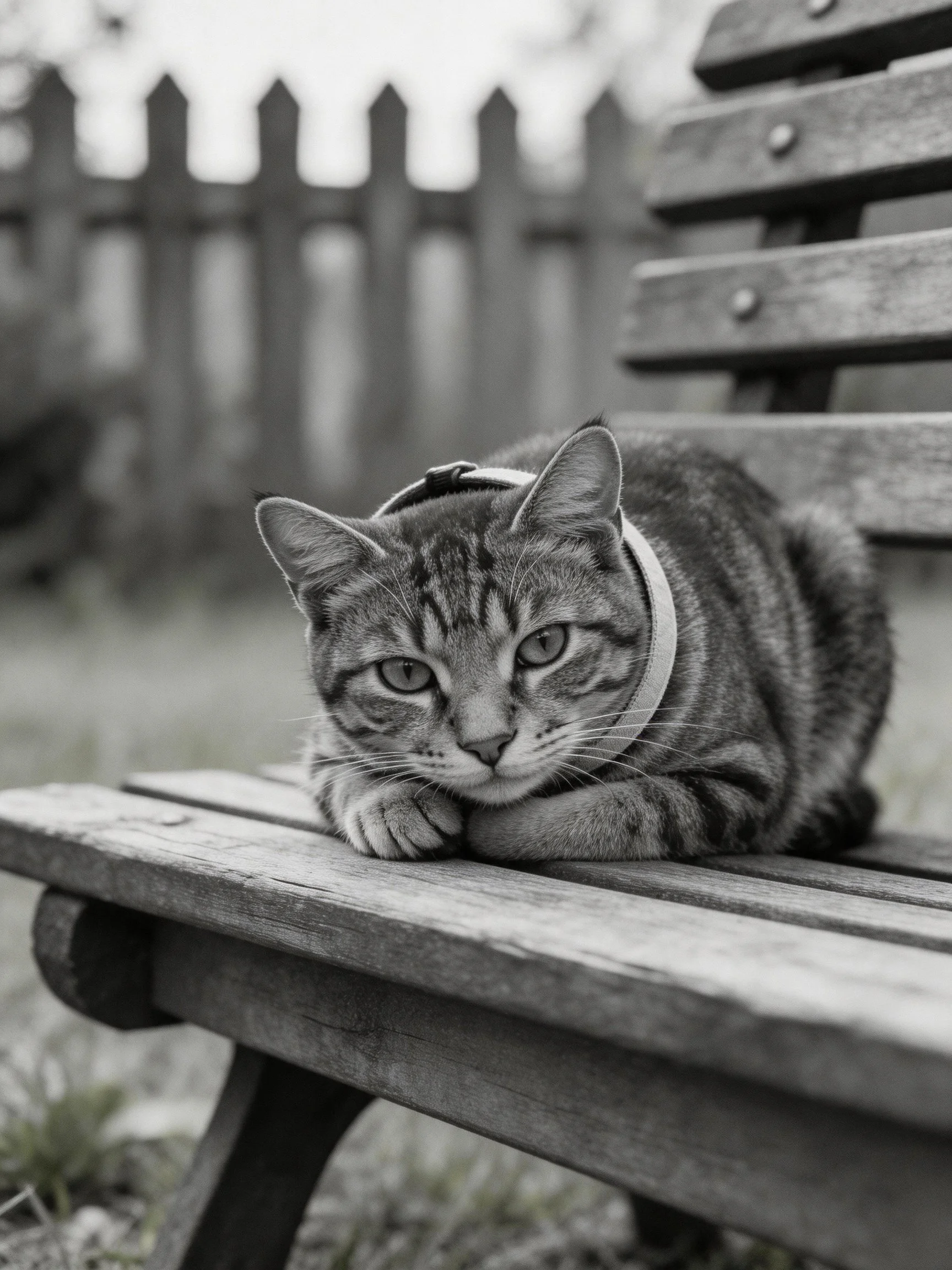 A tabby cat rests on a weathered wooden bench near a picket fence