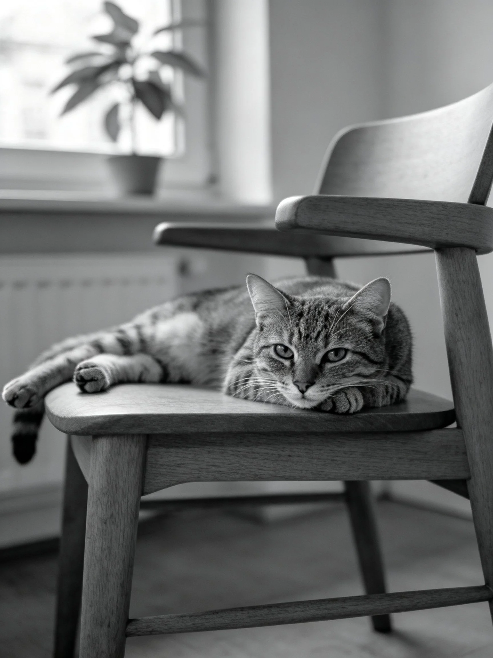 A tabby cat rests on a wooden chair beside a potted plant