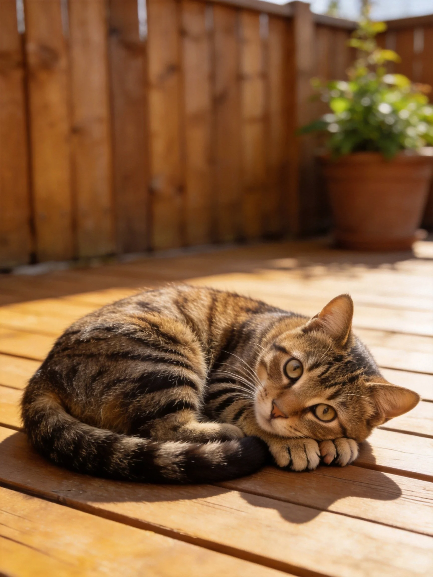 A tabby cat rests on a wooden deck near a terracota pot under bright sunlight