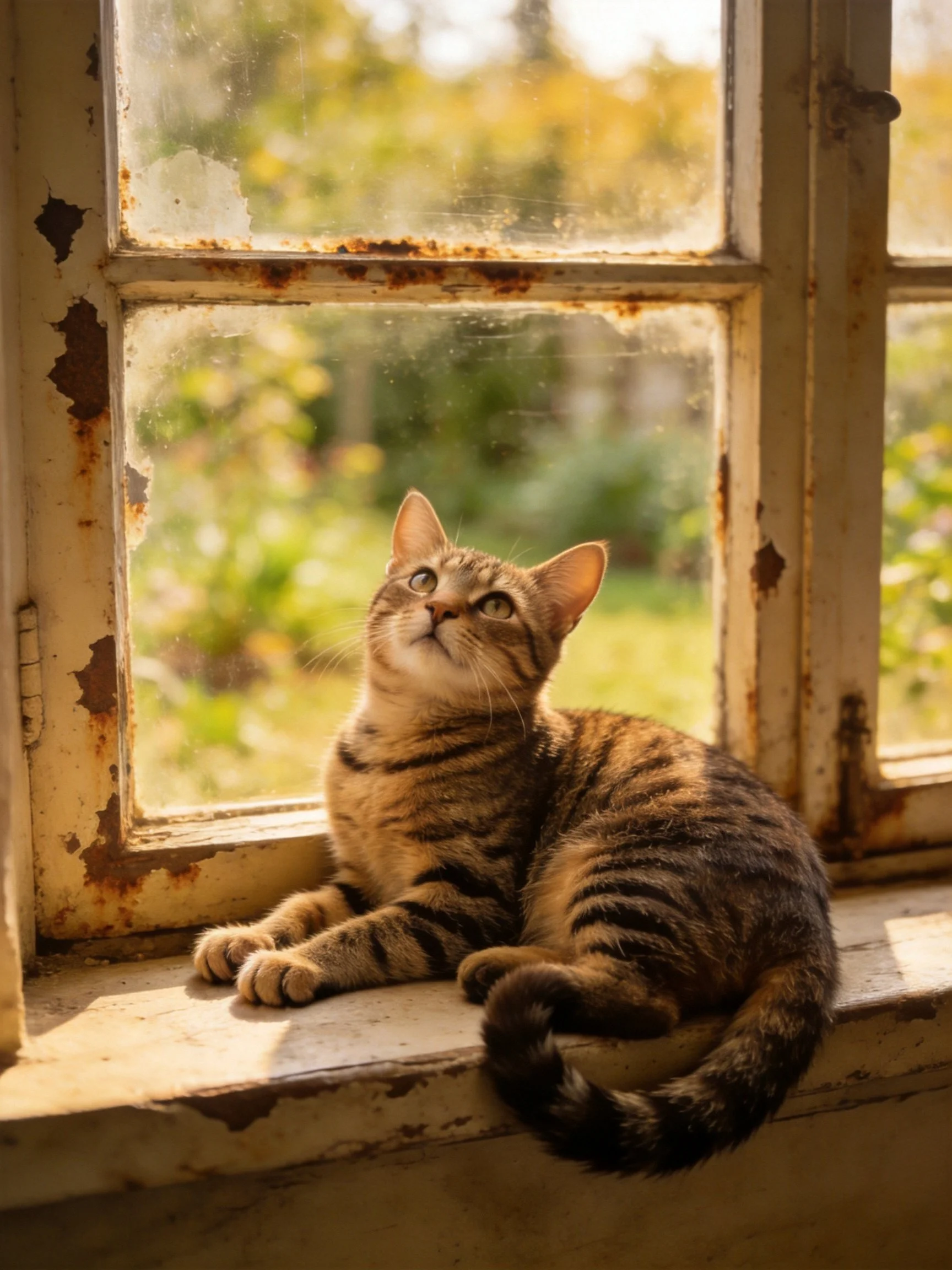 A tabby cat rests on an aged, rusted window sill with greenery outside