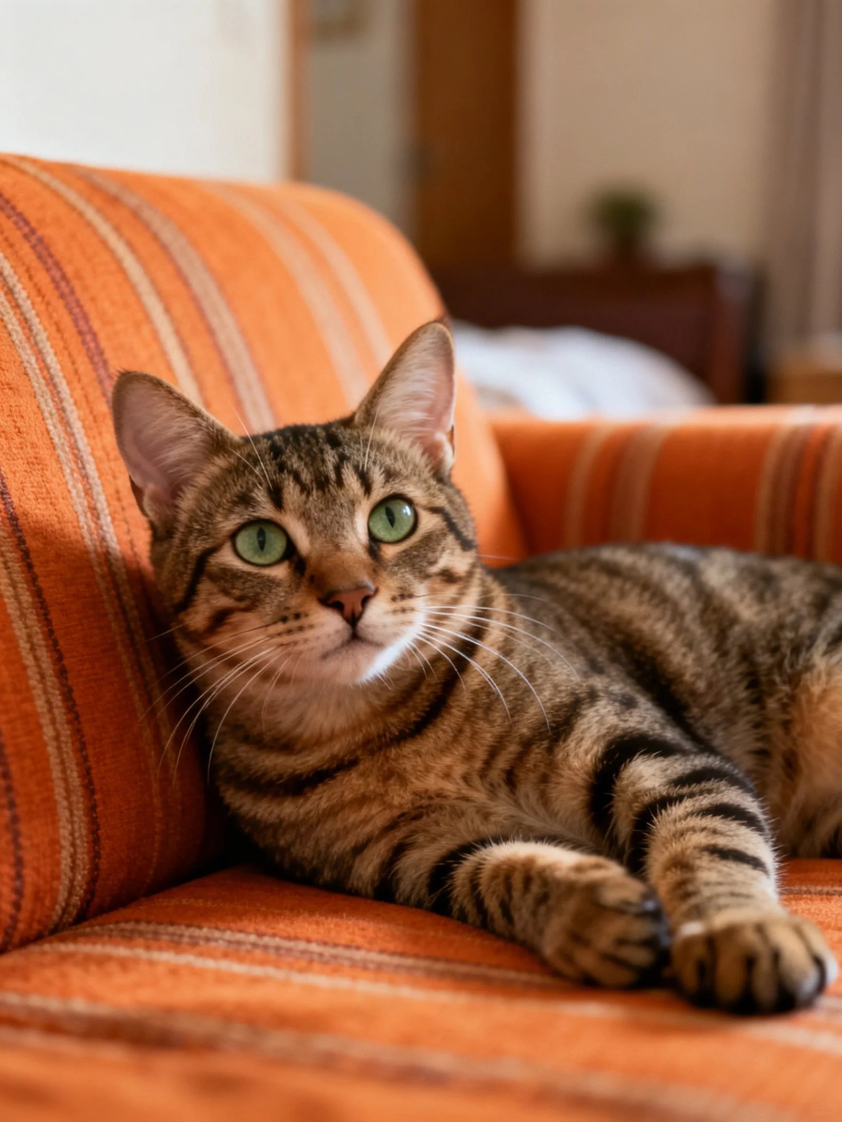 A tabby cat rests on an orange striped couch with green eyes