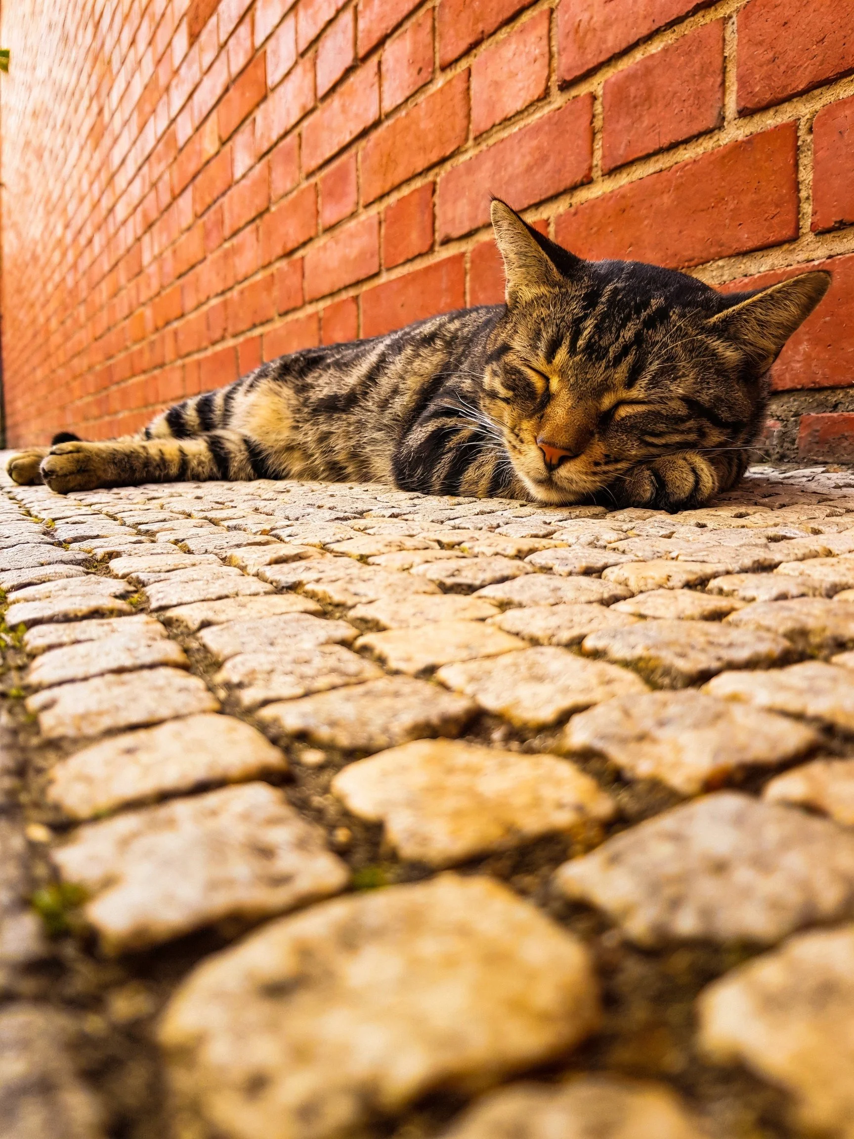 A tabby cat rests on cobblestones beside a red brick wall