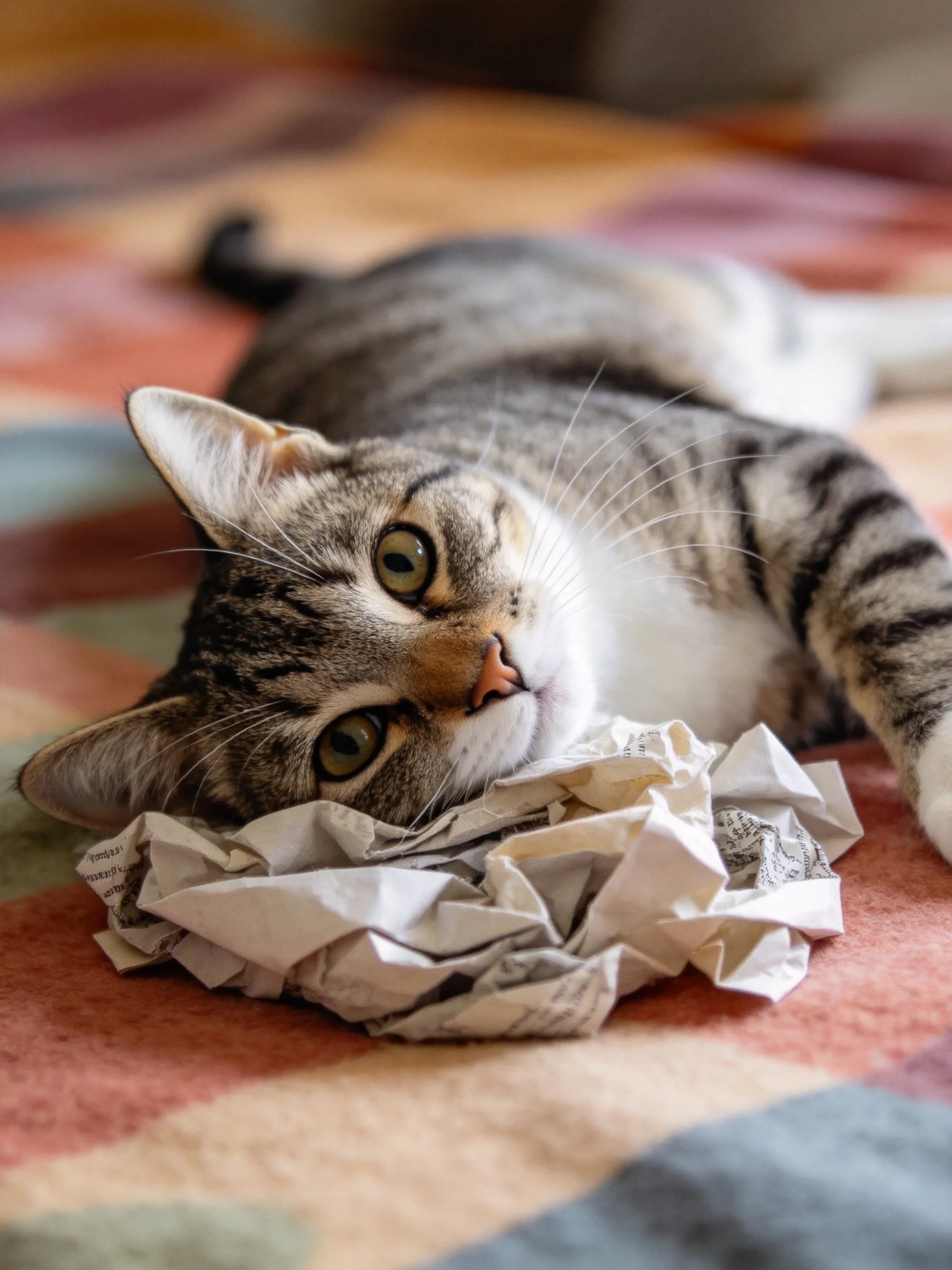 A tabby cat rests on crumpled newspaper on a colorful bedspread