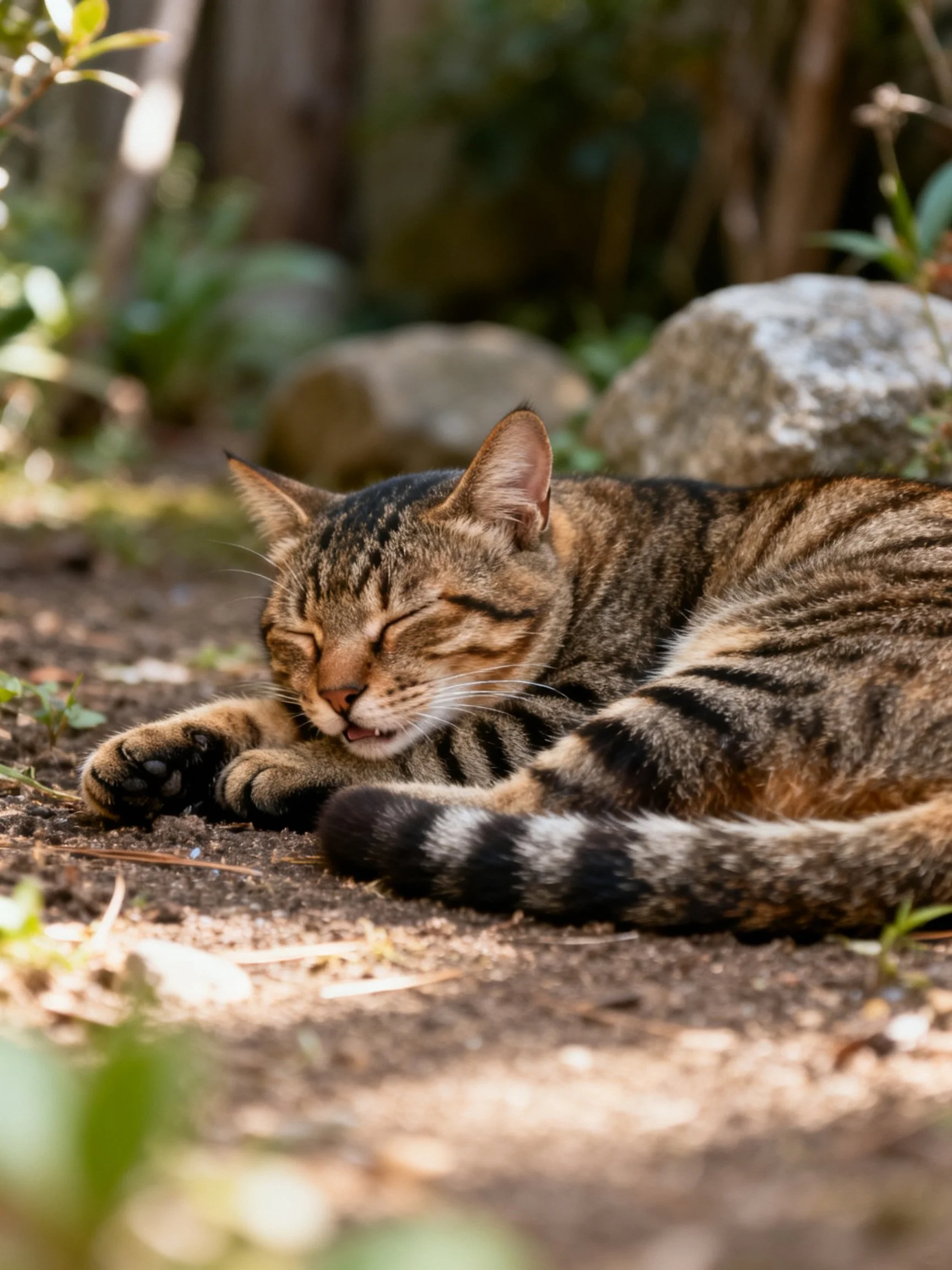 A tabby cat rests on dirt near large rocks and vegetation