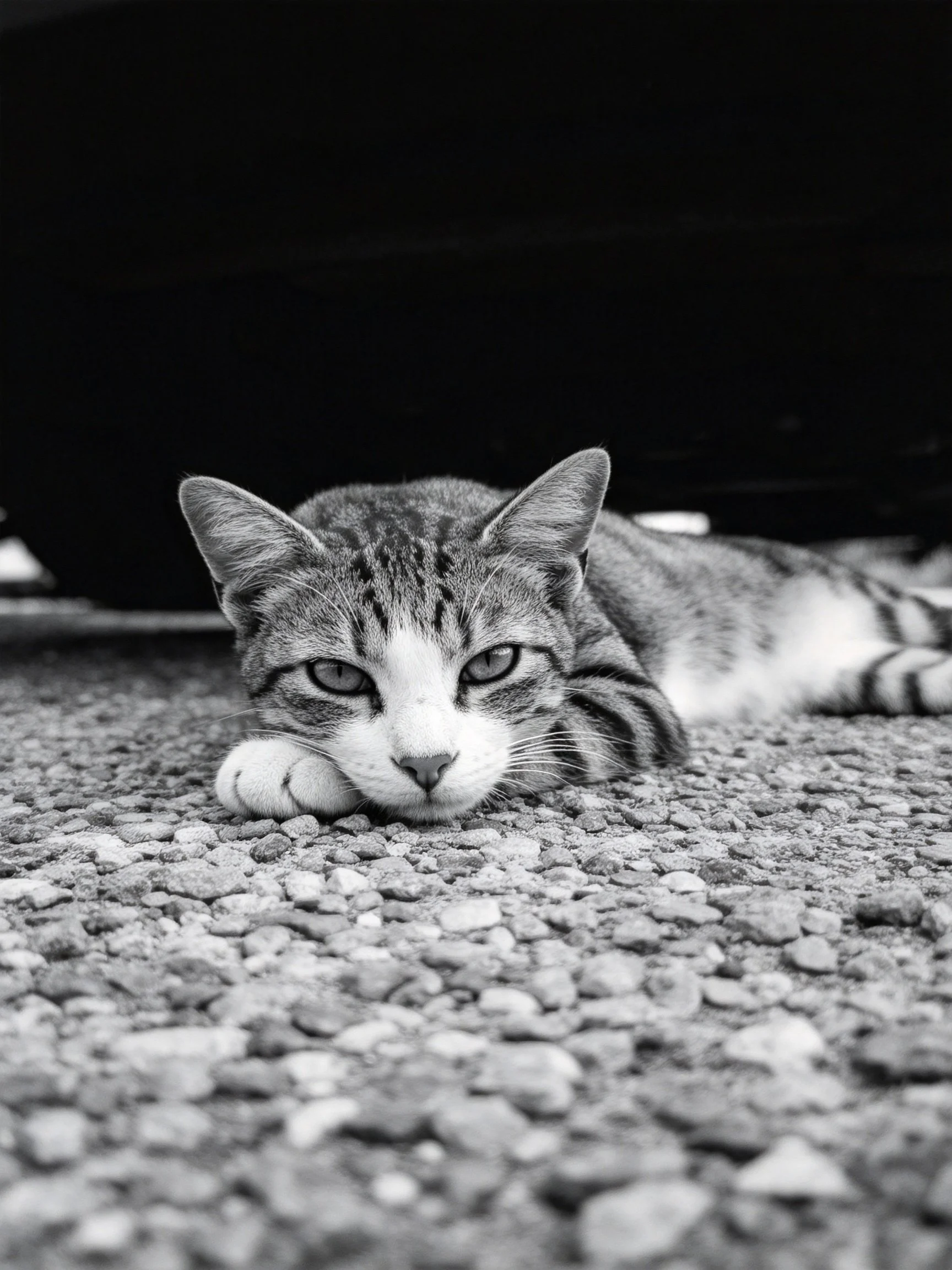 A tabby cat rests on gravel near a dark structure