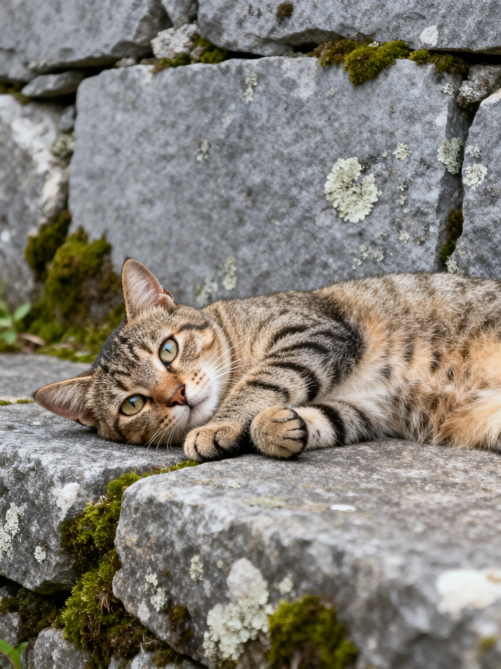 A tabby cat rests on moss-covered stone blocks near a weathered wall