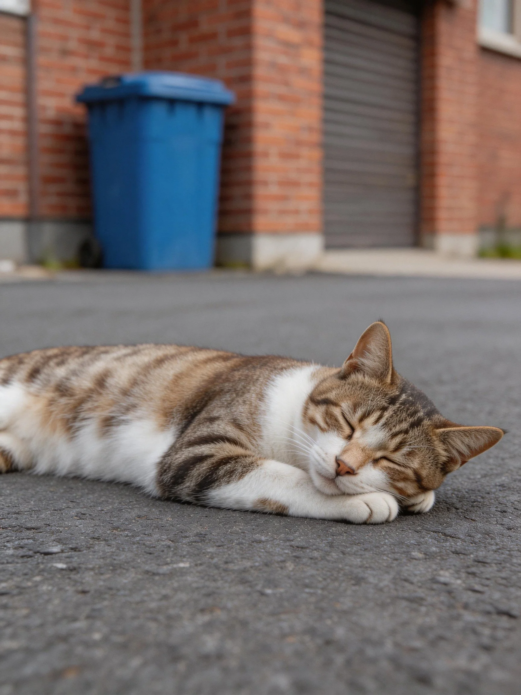 A tabby cat rests on pavement near a blue trash bin and brick building