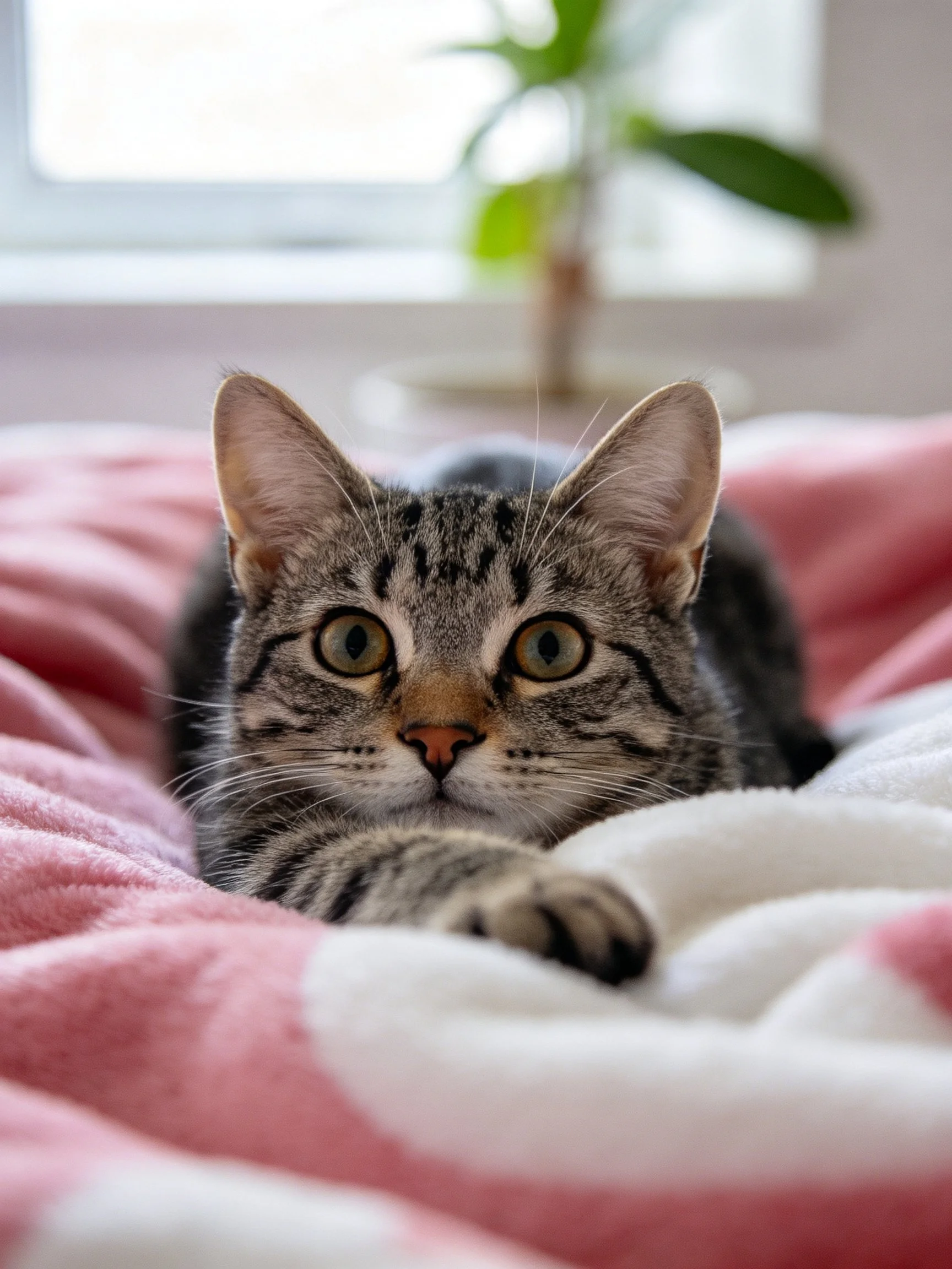 A tabby cat lies on pink and white blankets with a potted plant nearby