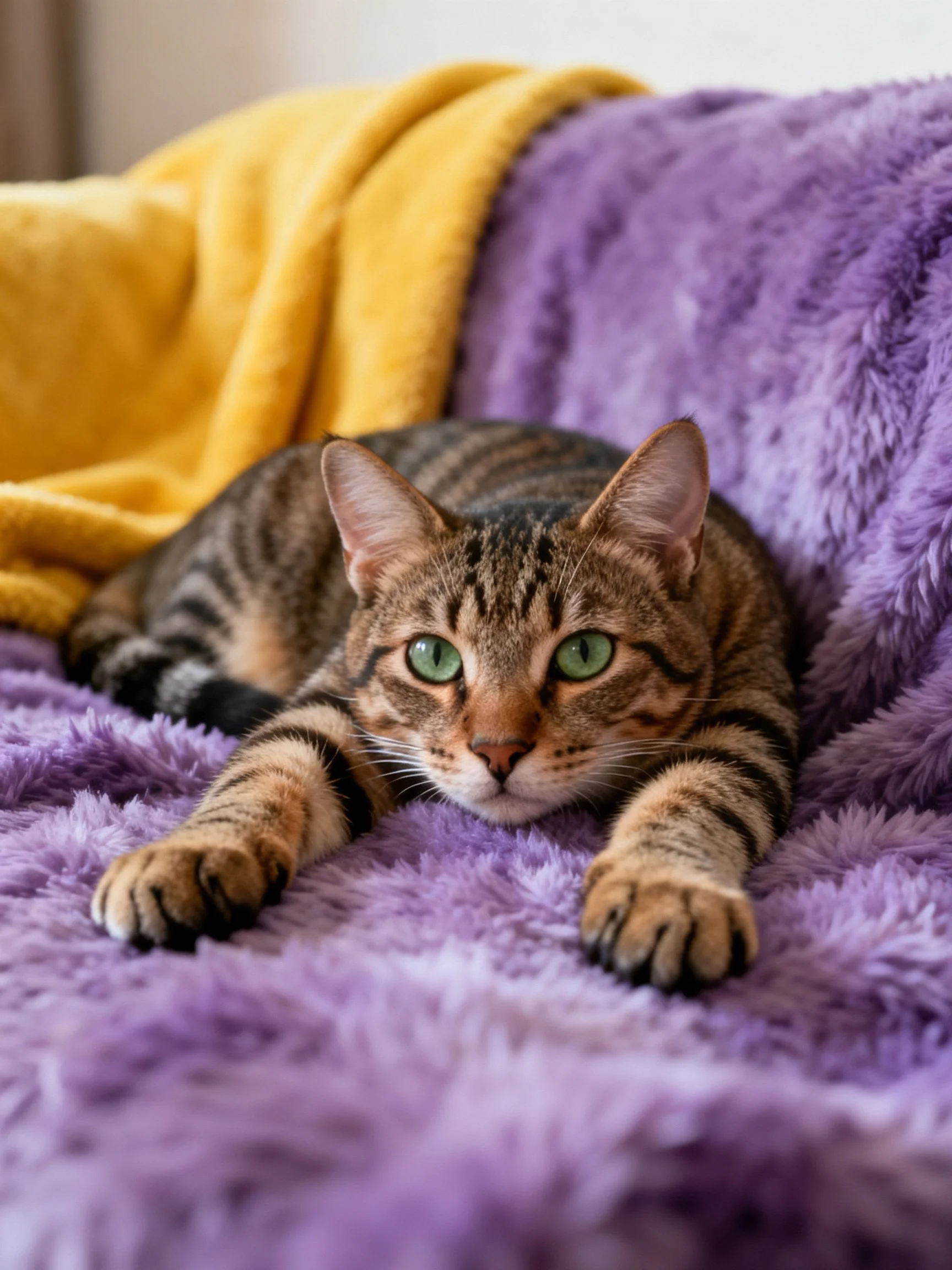 A tabby cat rests on purple and yellow plush blankets