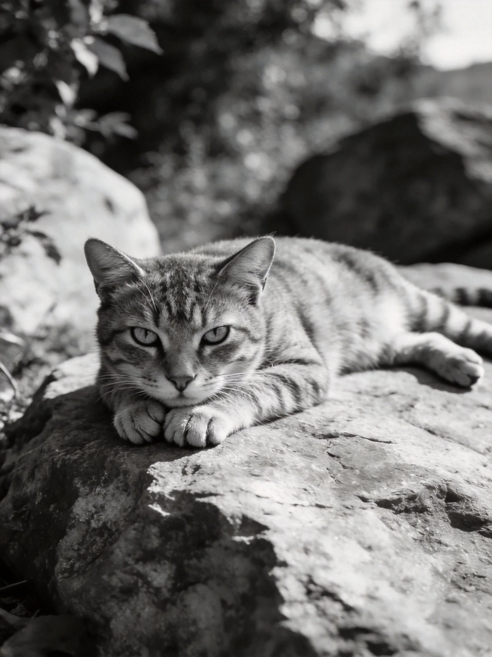 A tabby cat rests on rugged rocks in a natural setting
