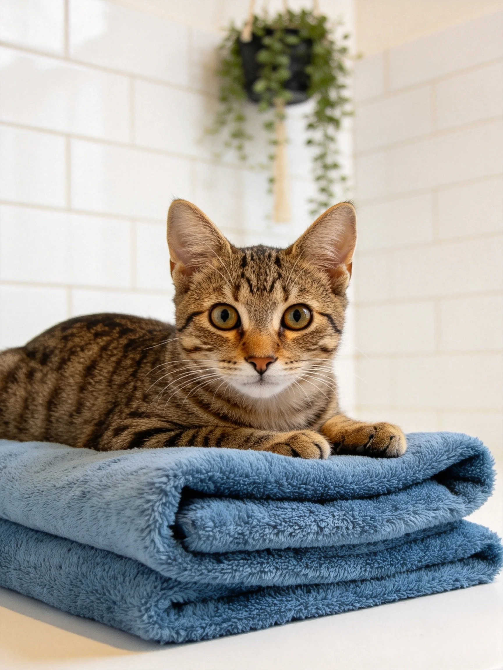 A tabby cat rests on stacked blue towels near white tiles and a hanging plant