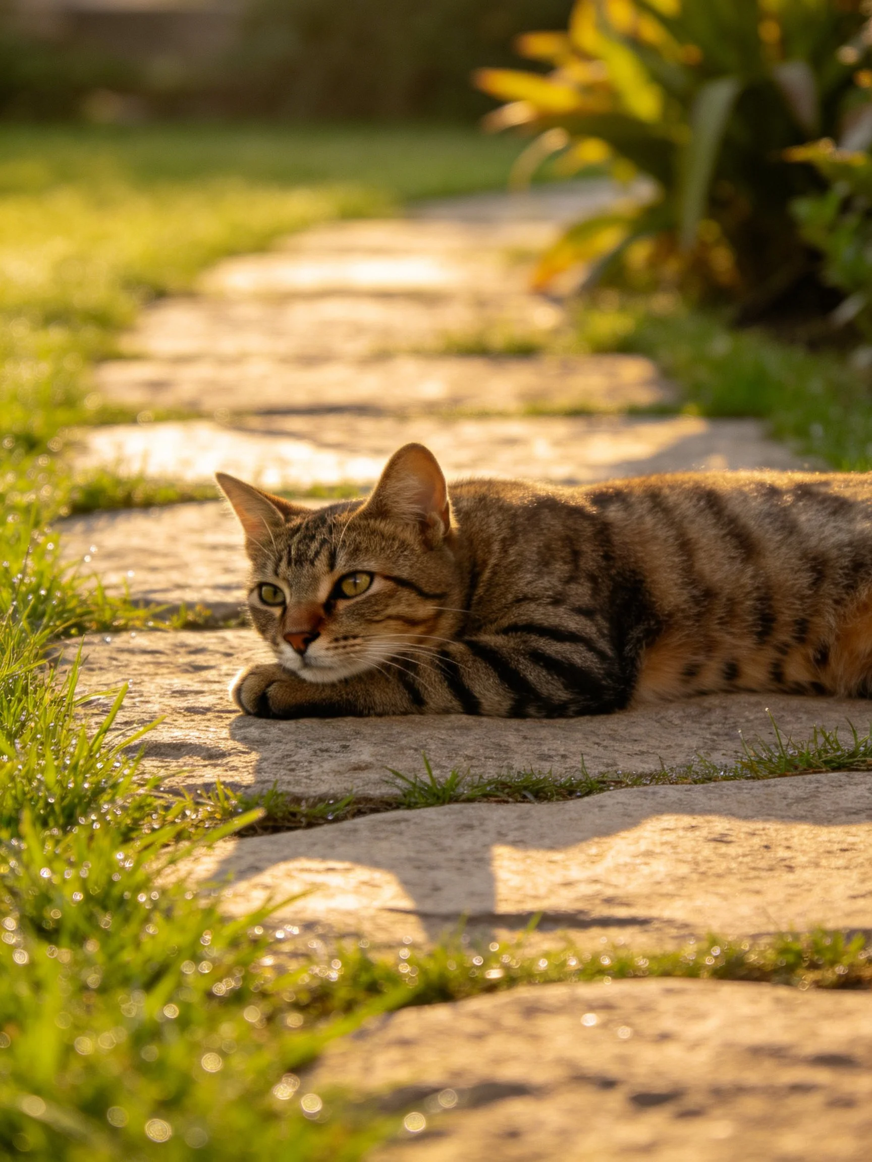 A tabby cat rests on sunlit stone pavement in a garden.