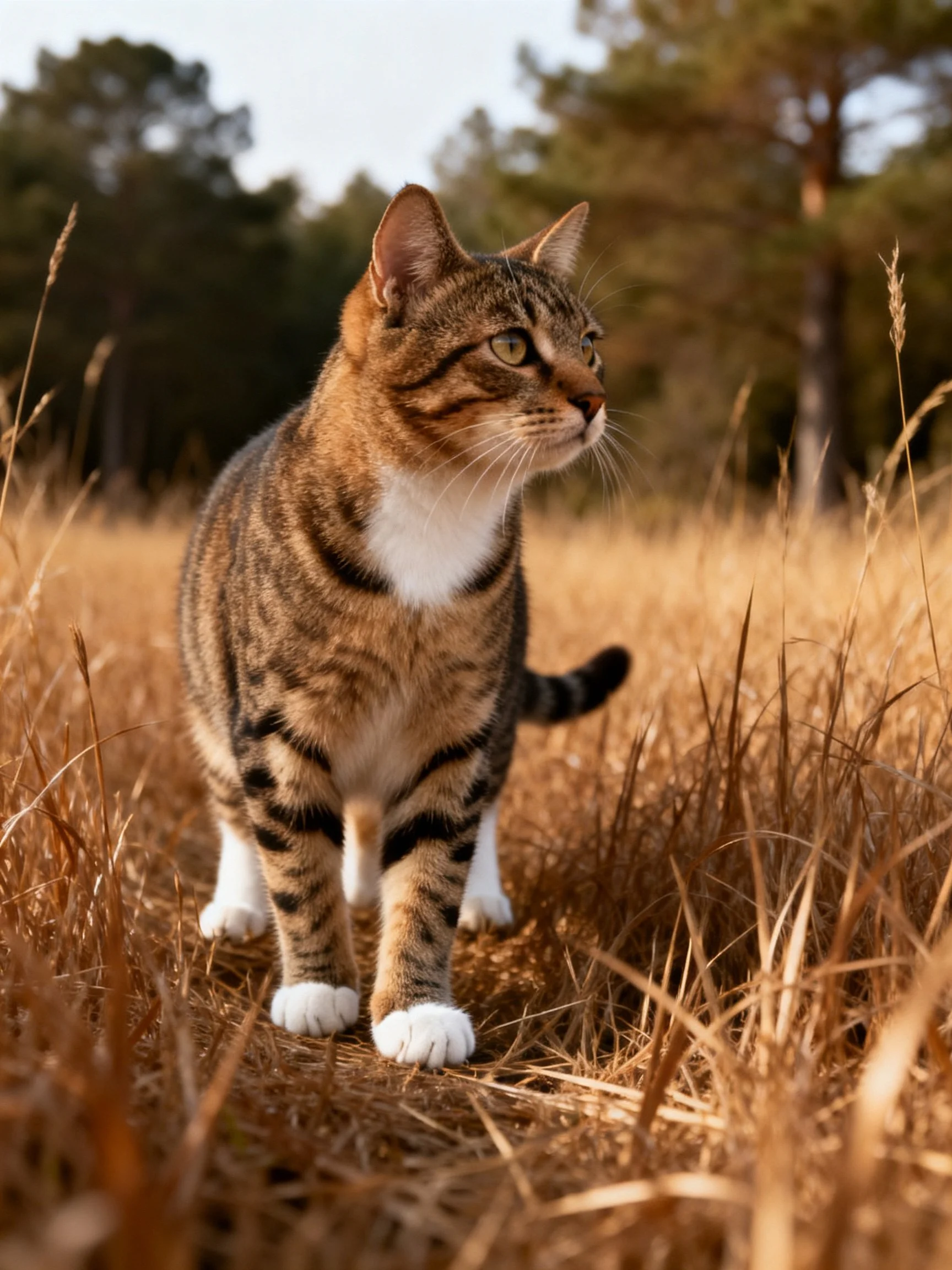 A tabby cat stands alert among golden grass with trees in the distance.
