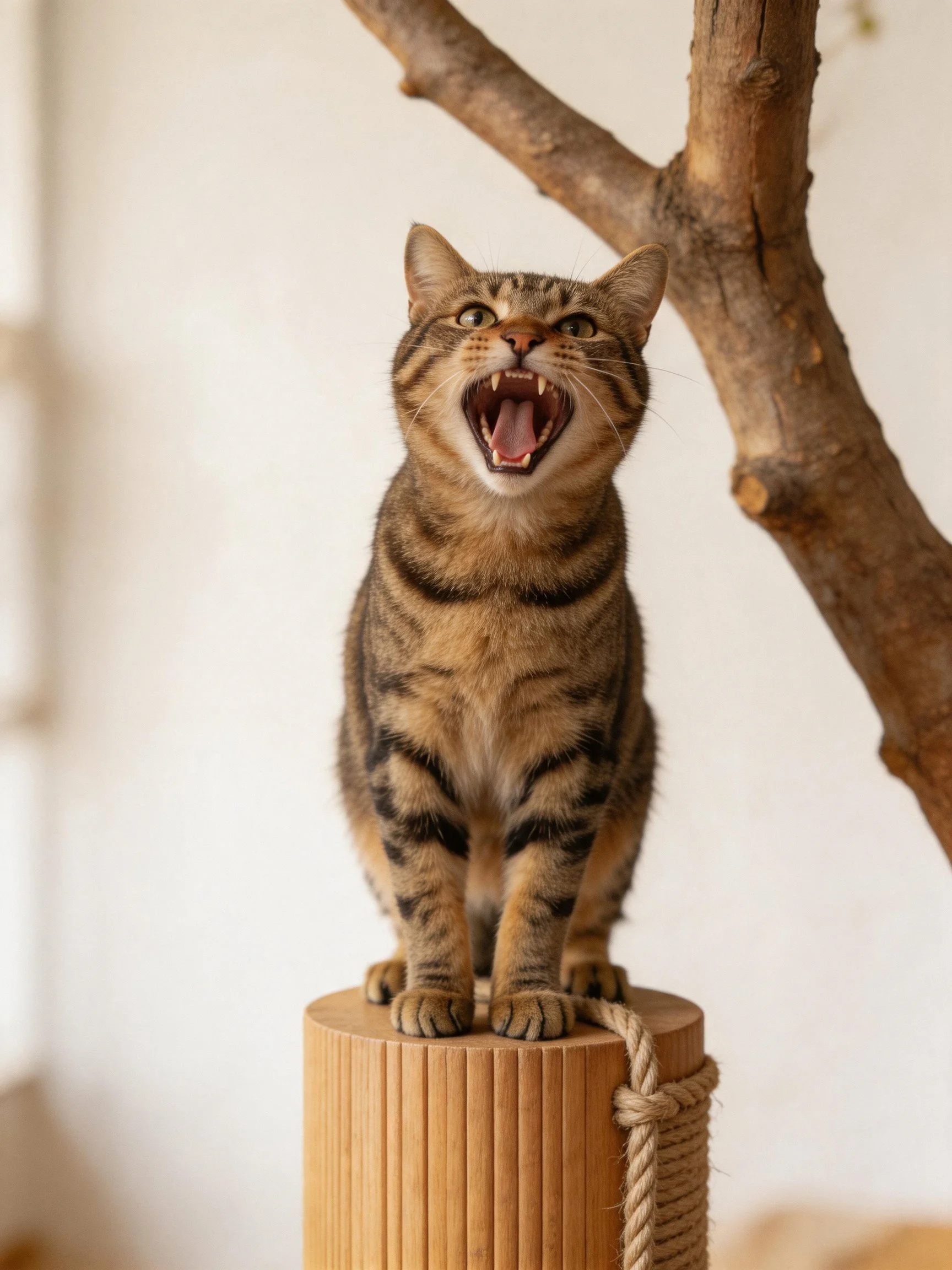 A tabby cat roaring on a wooden post beside a tree branch