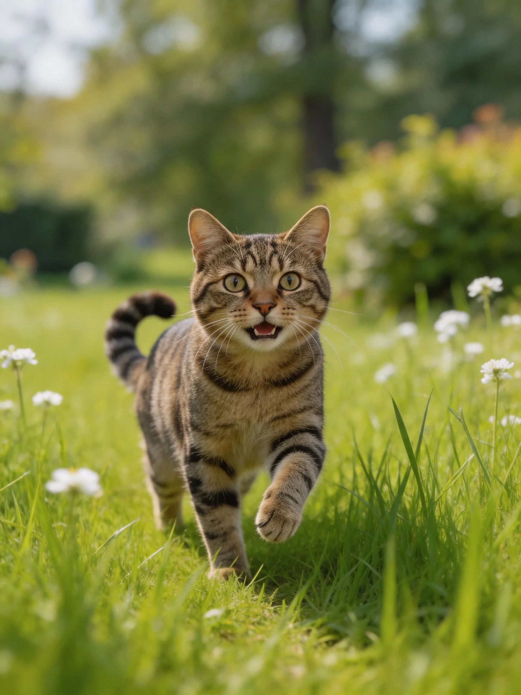 A tabby cat runs through a sun-dappled meadow of tall green grass and white flowers