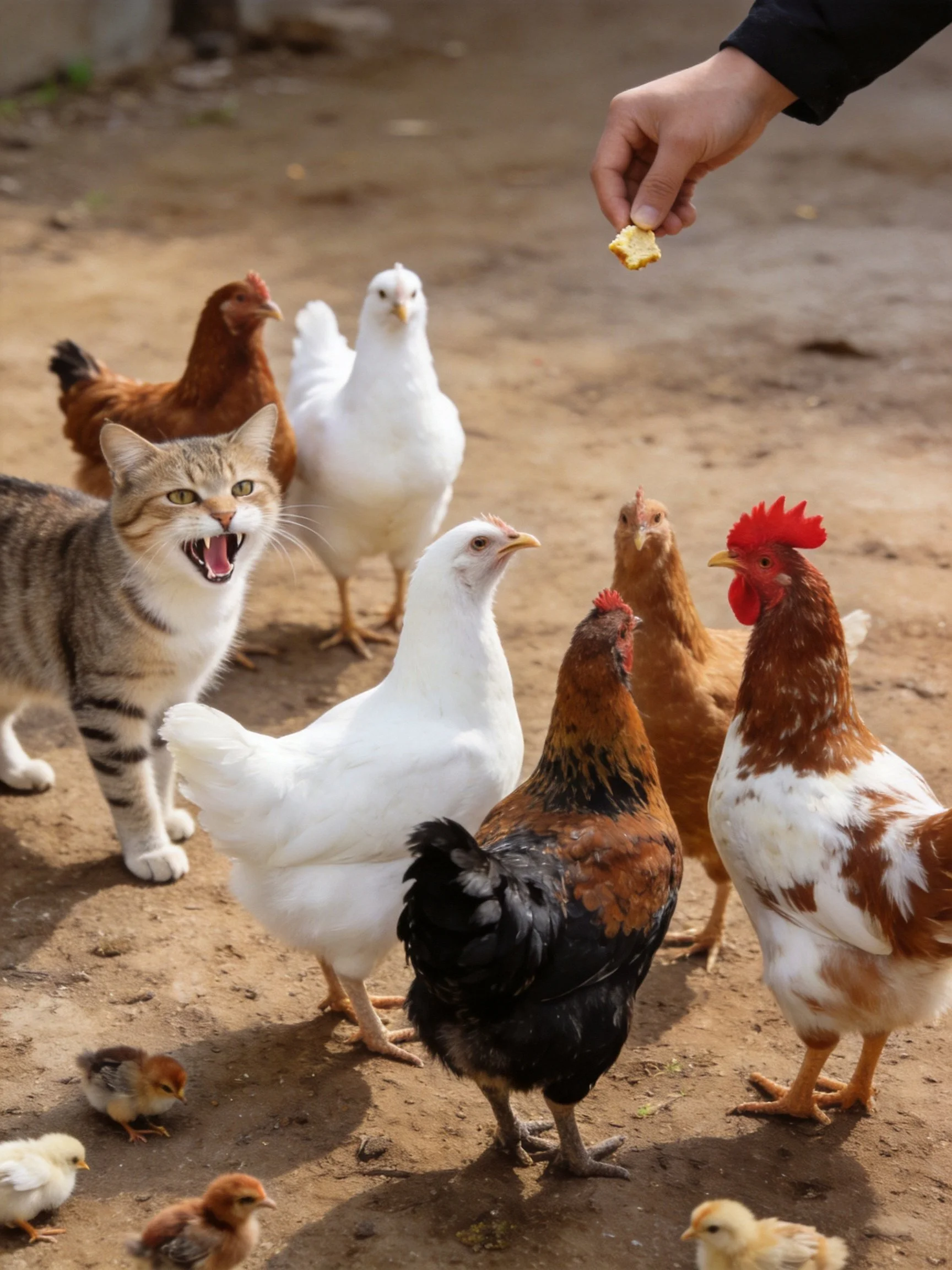 A cat and multiple chickens, including chicks, gather toward a hand offering food