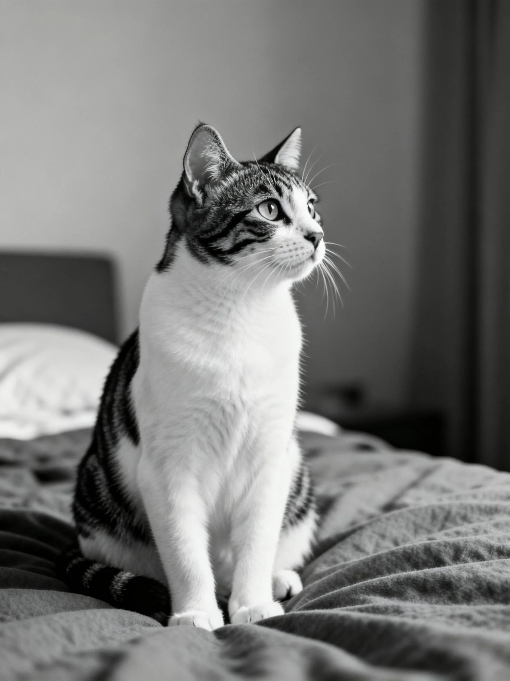A tabby cat sits alertly on a bed in monochrome