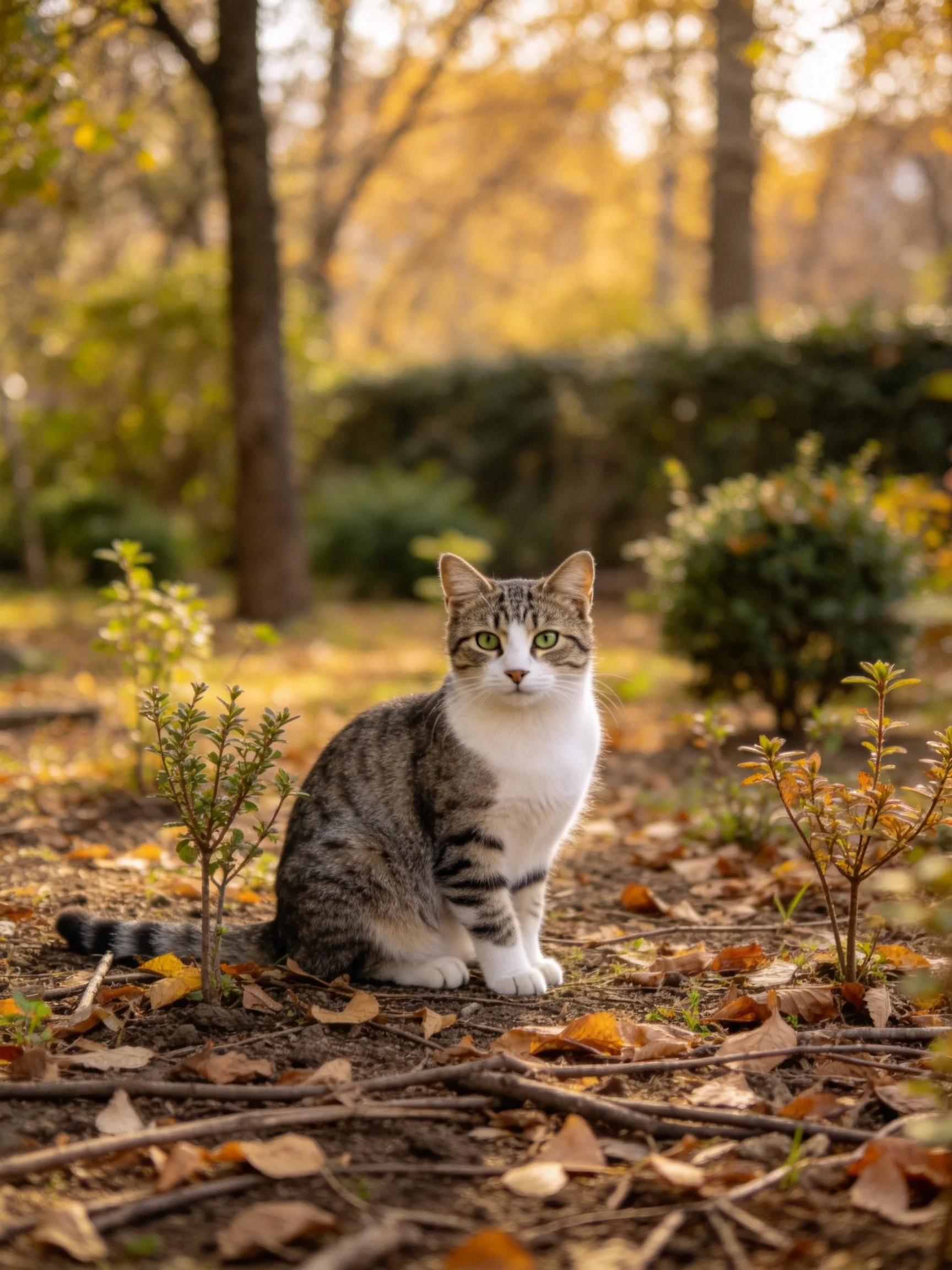 A tabby cat rests among fallen leaves and trees in an autumnal forest.