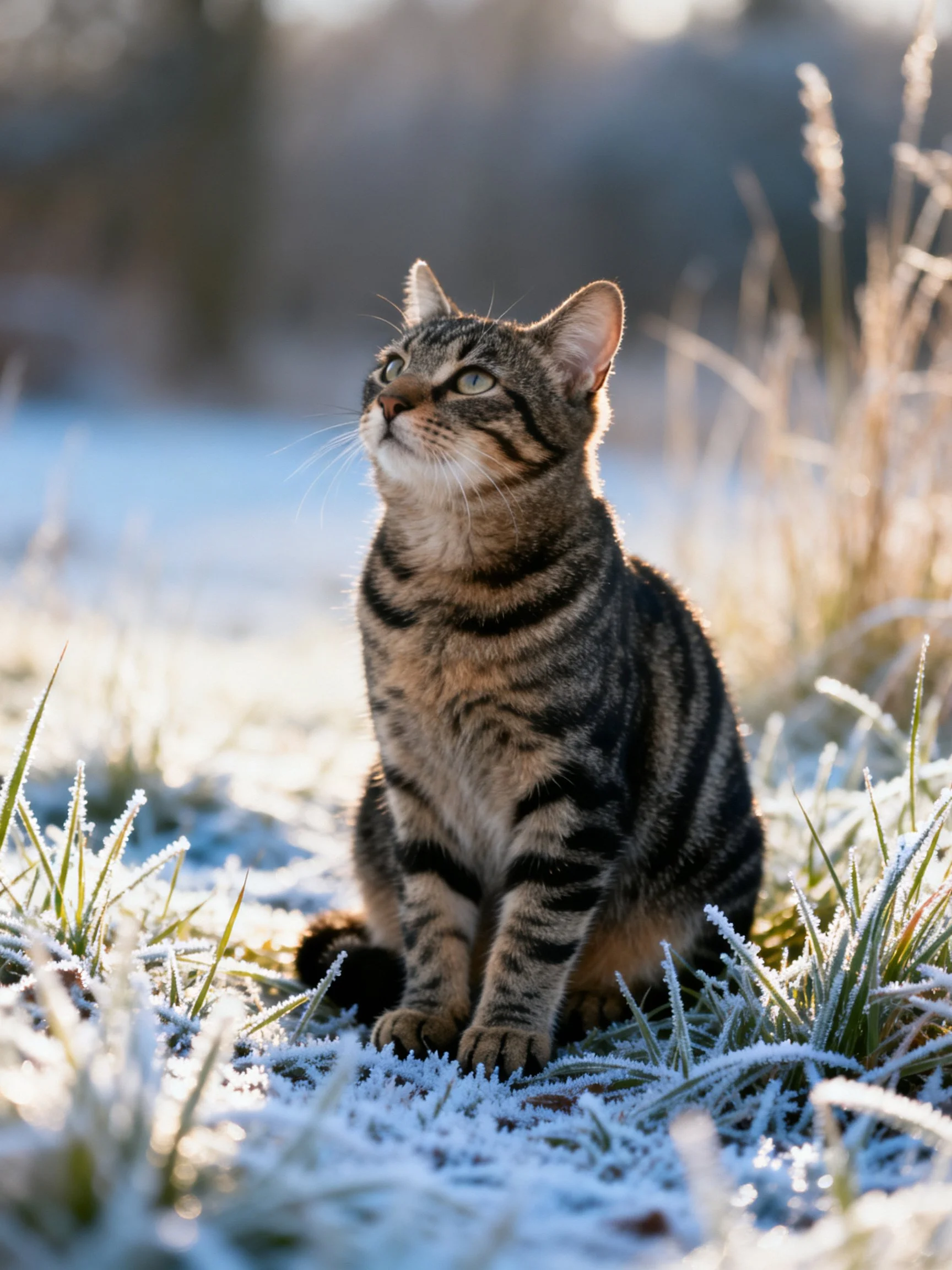 A tabby cat sits amid frosty grass in soft morning light.