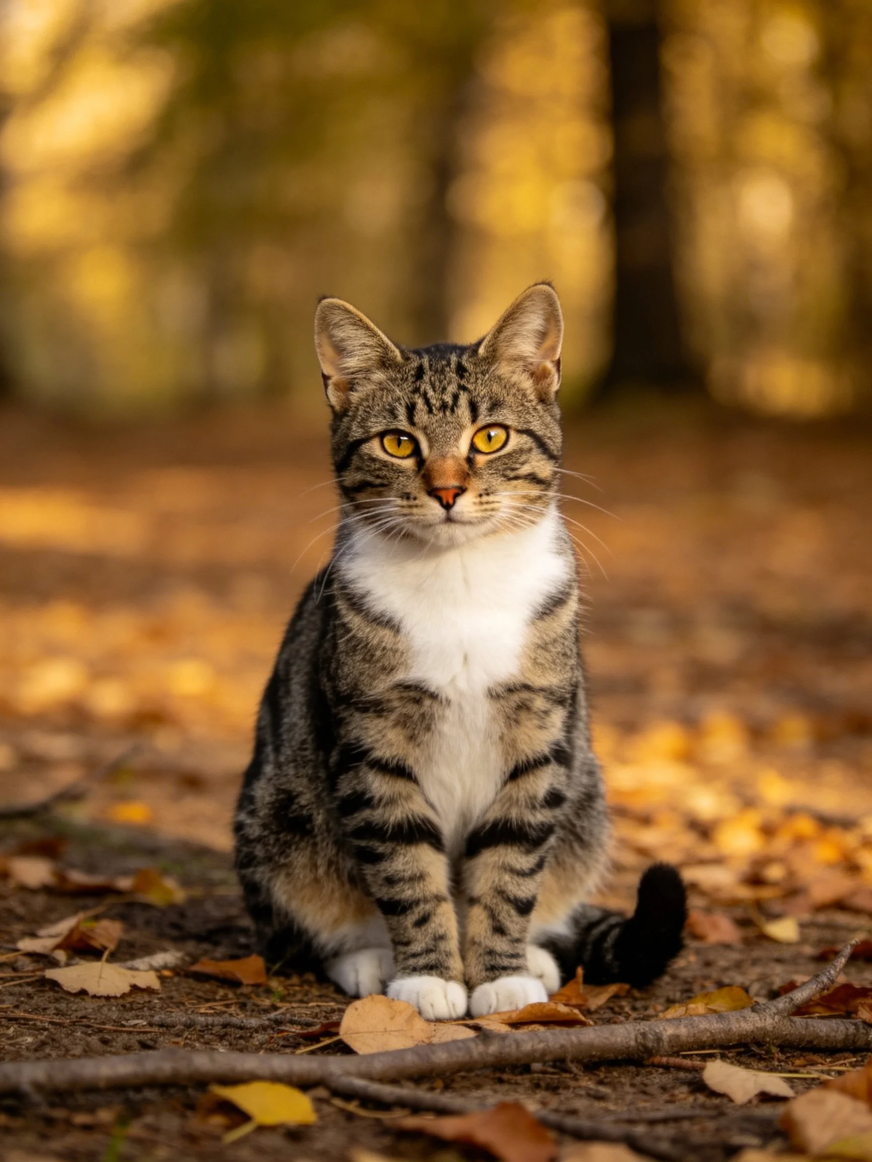 A tabby cat sits amid golden autumn leaves in a forest clearing