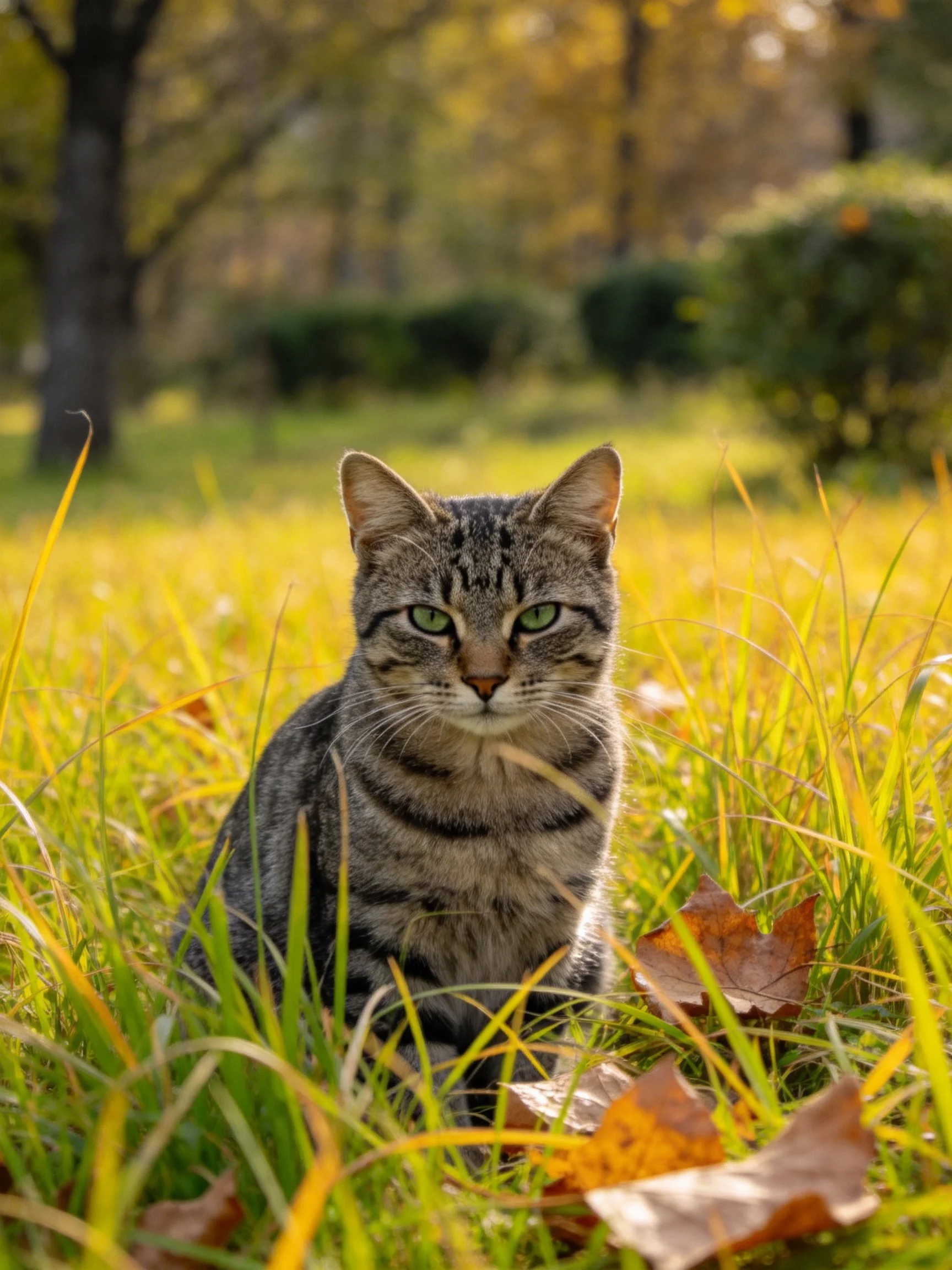 A tabby cat sits amid golden grass and fallen autumn leaves