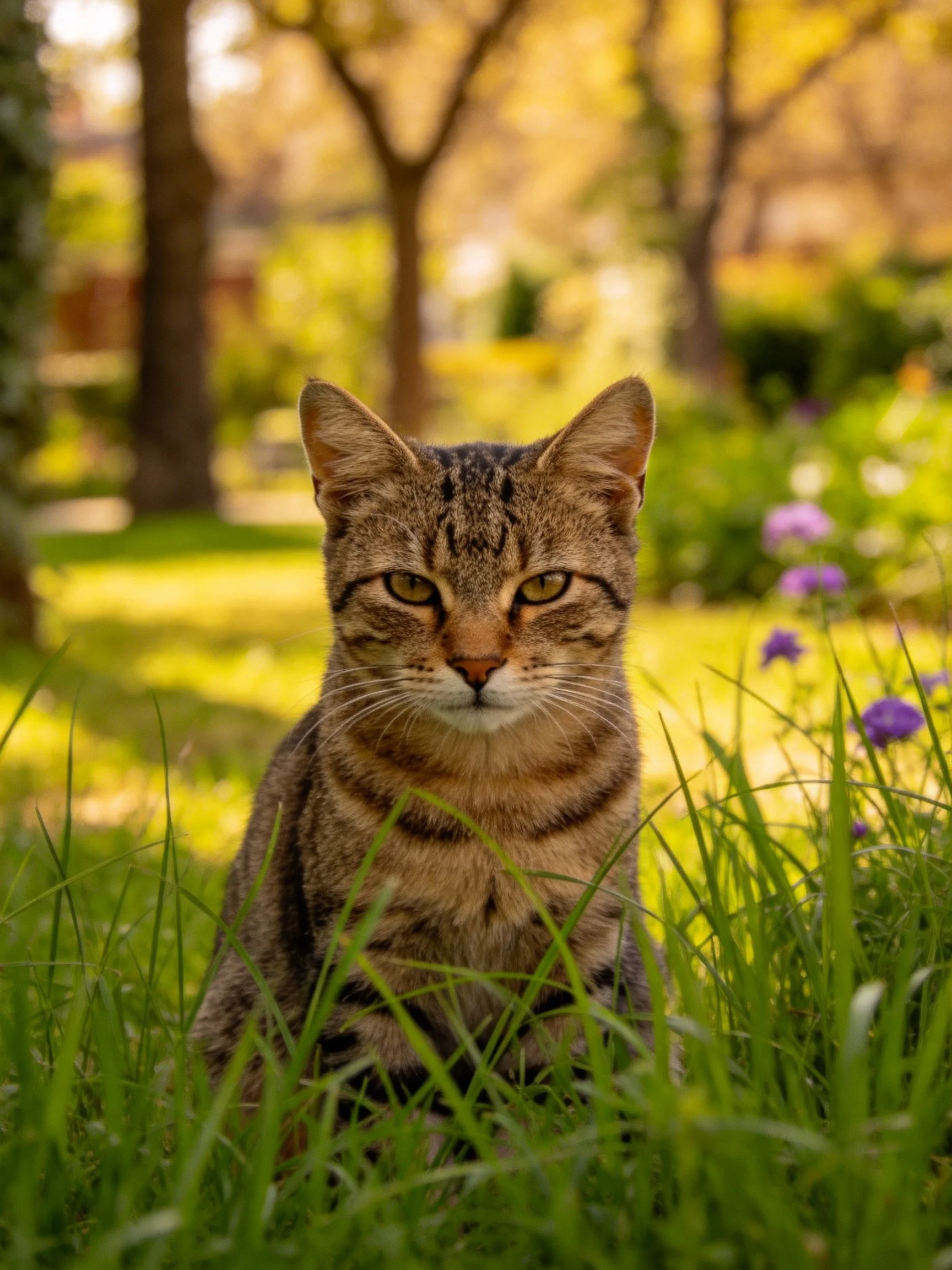A tabby cat sits among tall grass in a sunlit park with trees and flowers.