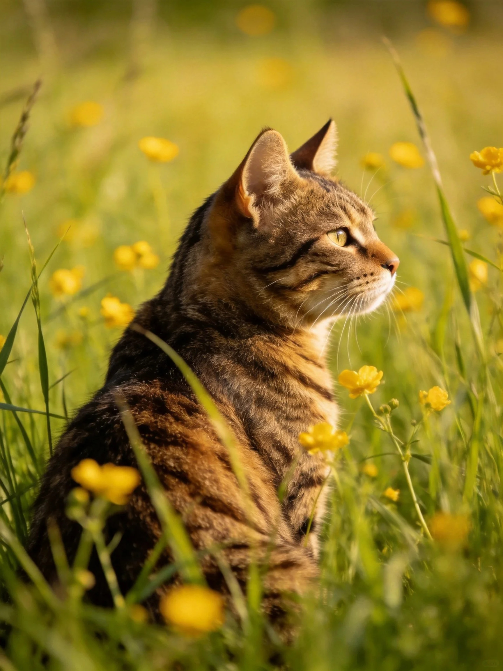 A tabby cat rests peacefully among yellow wildflowers and green grass.
