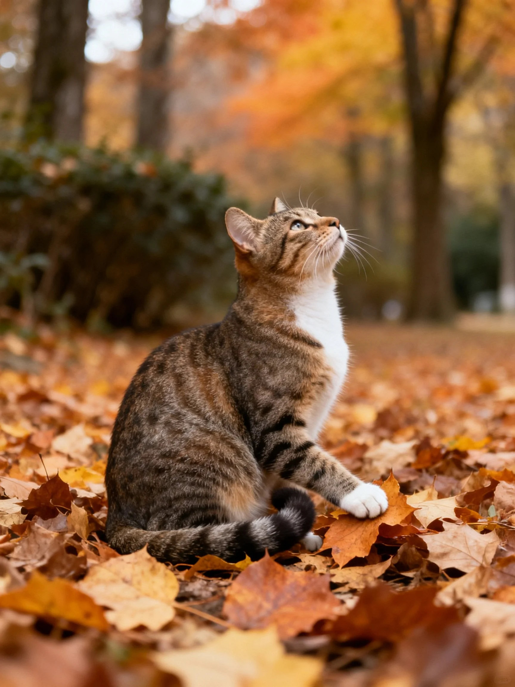 A tabby cat looks upward while sitting on fallen autumn leaves in a forest.