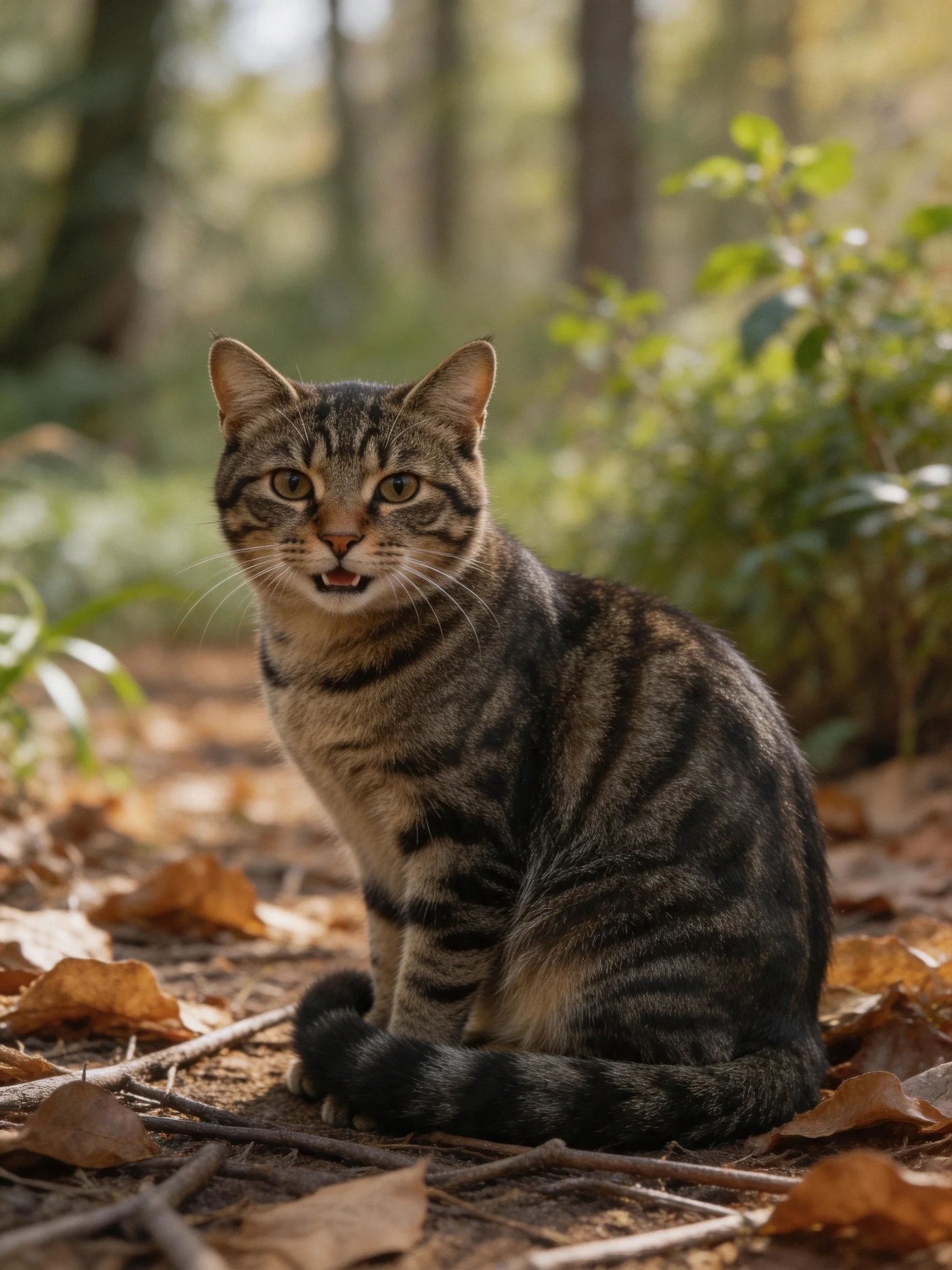 A tabby cat sits among fallen autumn leaves in a sunlit forest