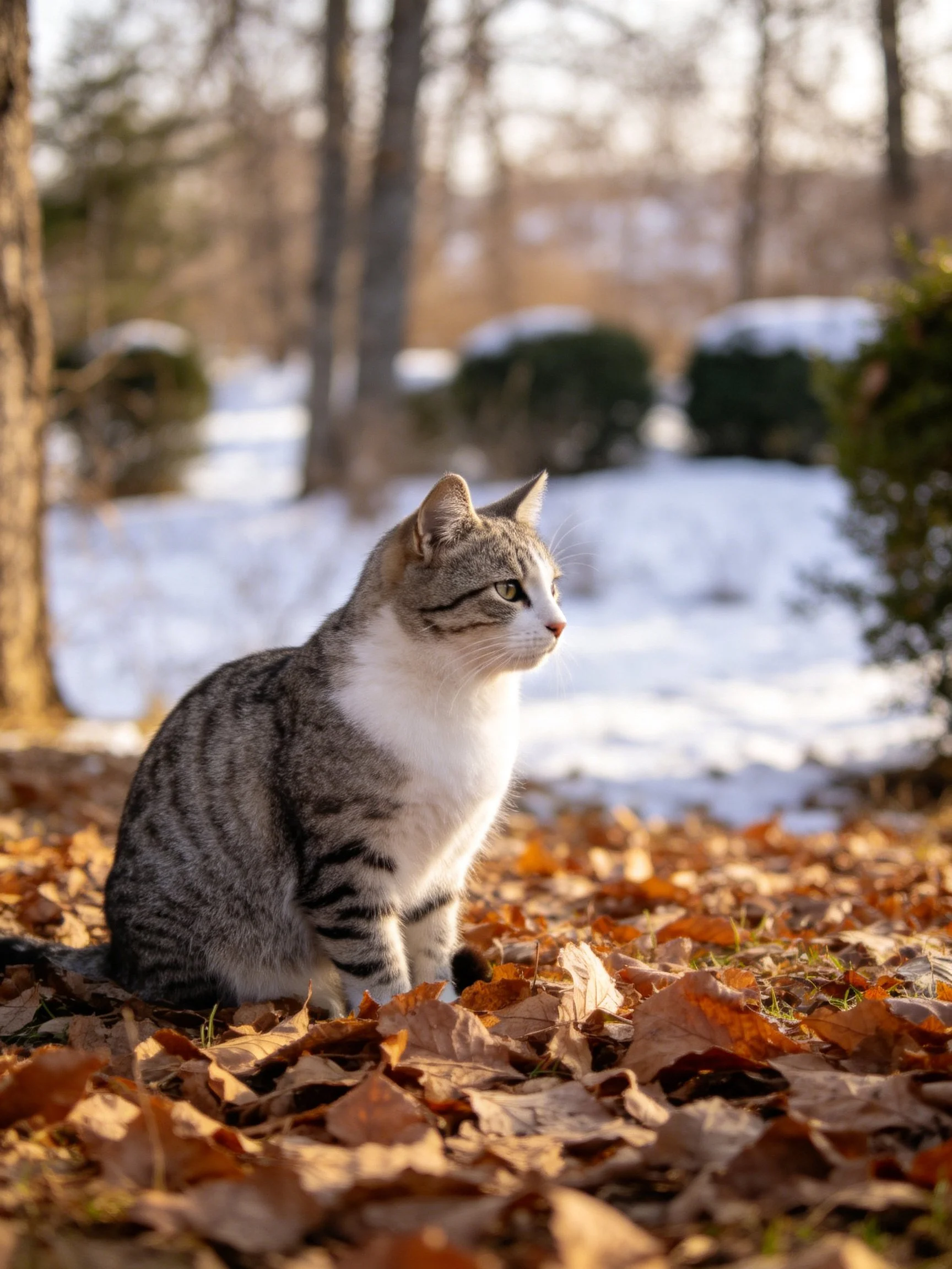 A tabby cat sits among fallen autumn leaves near snowy woods
