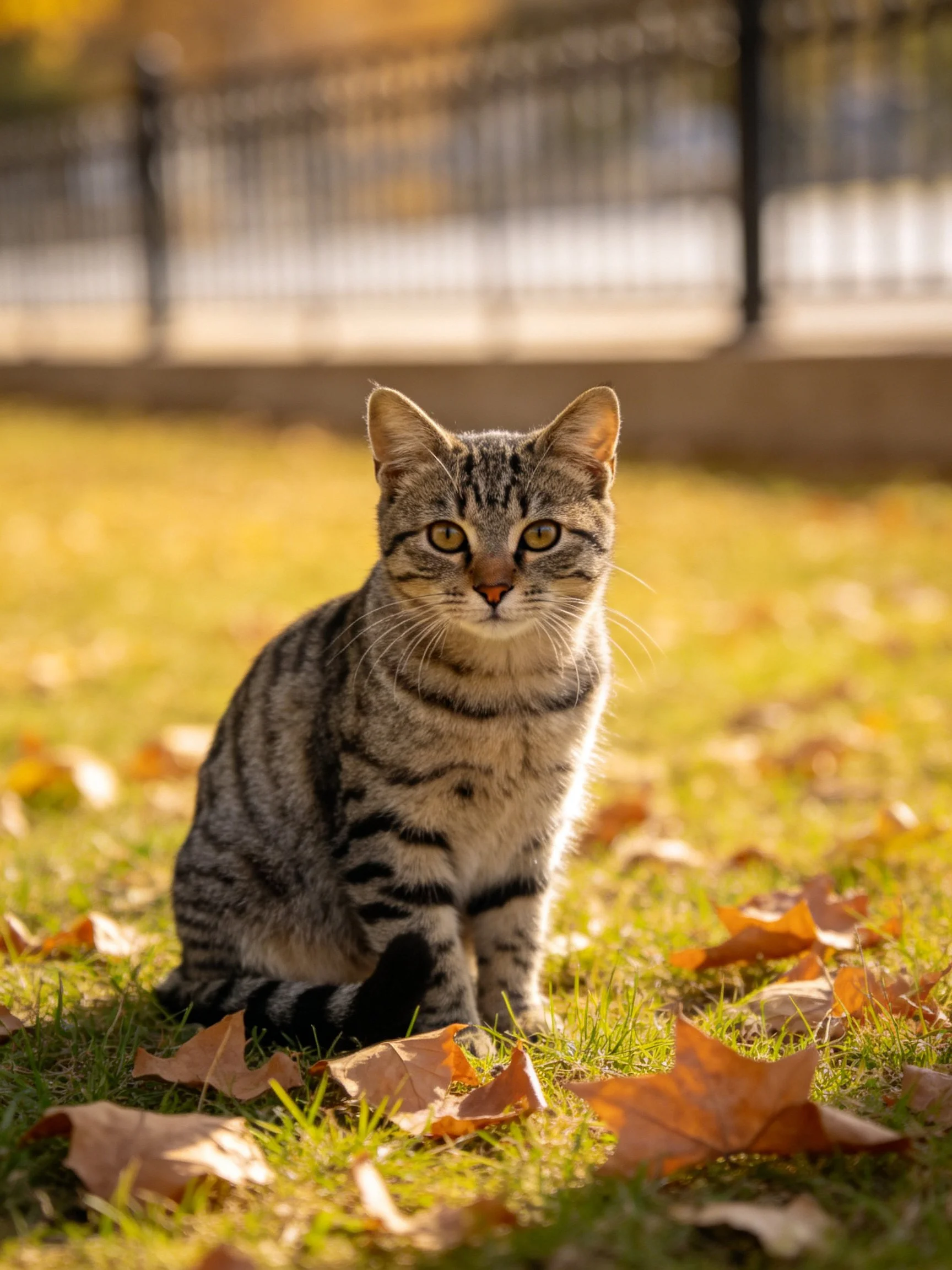 A tabby cat sits among fallen autumn leaves on green grass