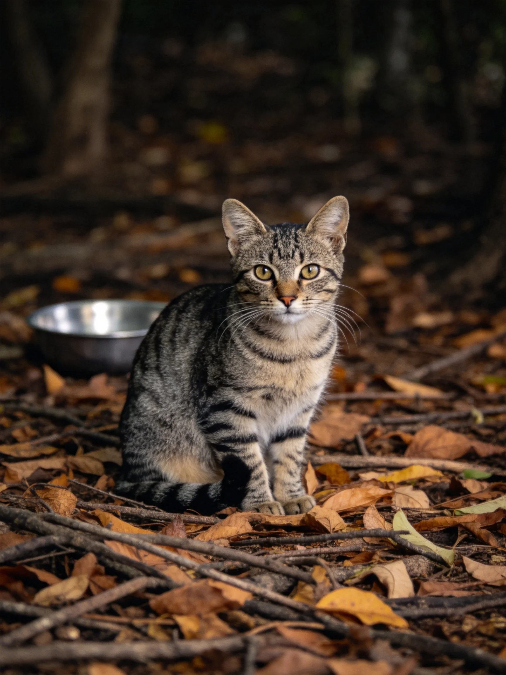 A tabby cat sits among fallen autumn leaves with a metal bowl