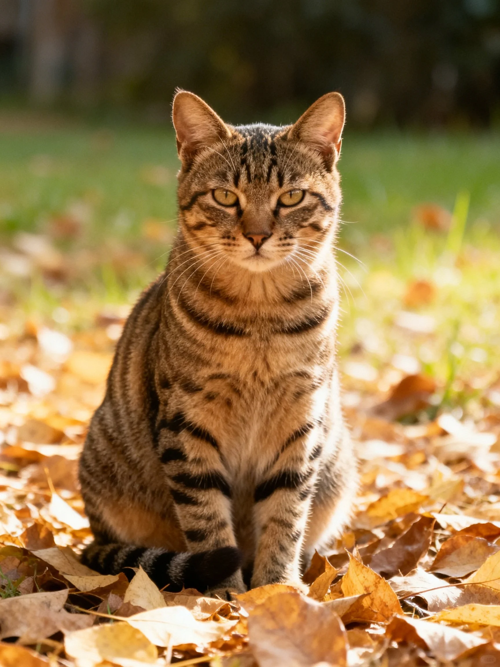 A tabby cat sits calmly amid golden autumn leaves in a sunlit outdoor setting.
