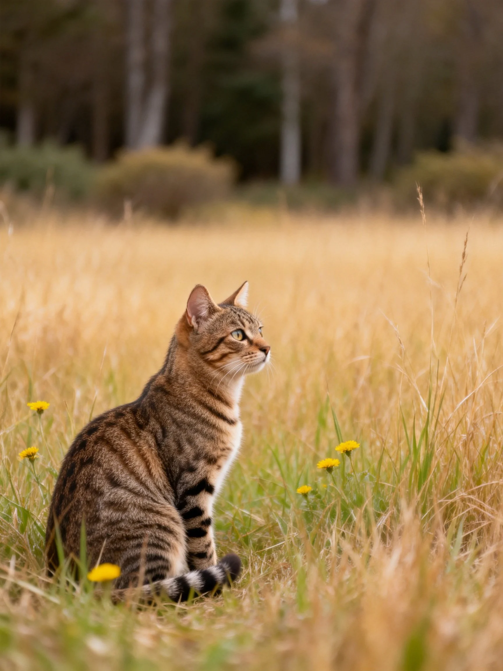 A tabby cat sits in a field of golden grass with yellow flowers and trees in the distance.
