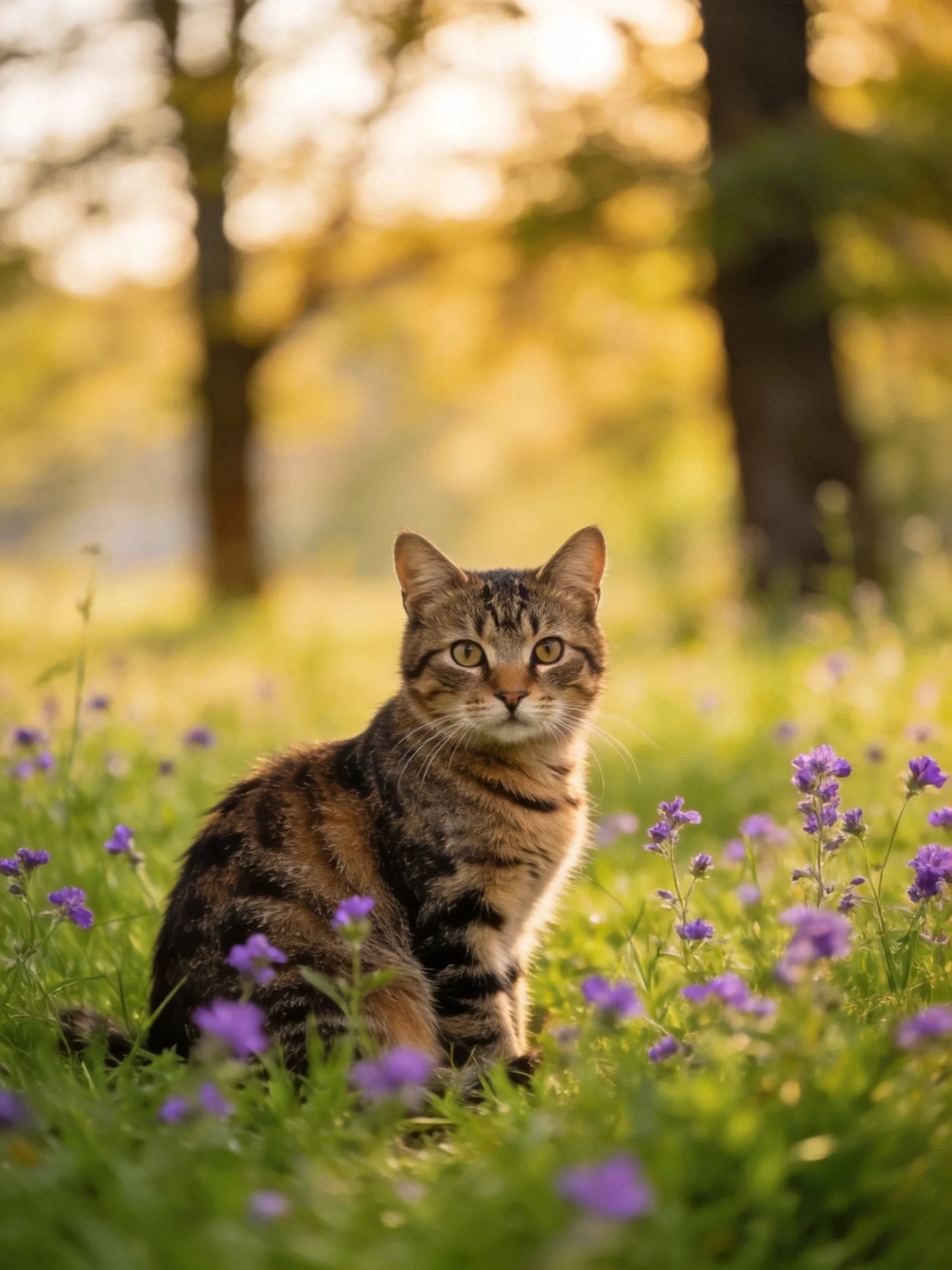 A tabby cat rests amid purple wildflowers with golden trees in the background.
