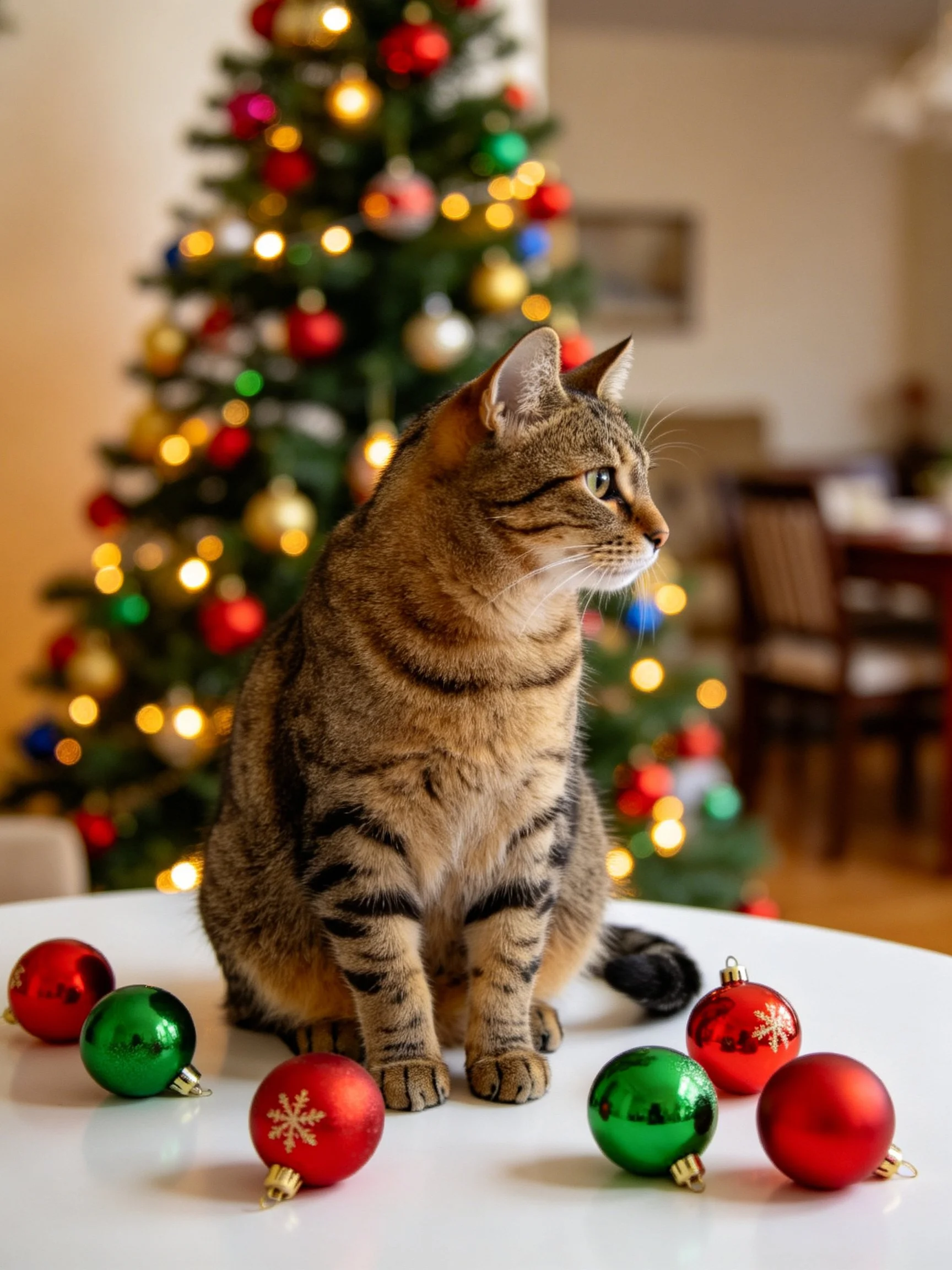 A tabby cat sits among red and green Christmas ornaments with a decorated tree in the background