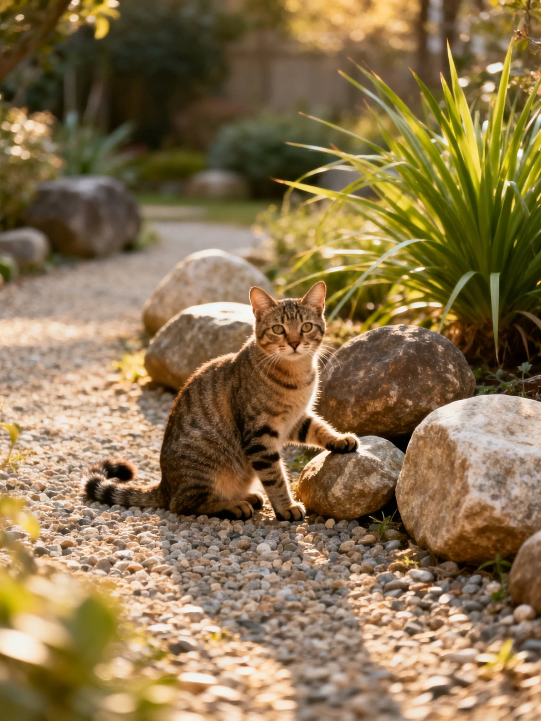 A tabby cat sits among rocks and pebbles in a sunlit garden