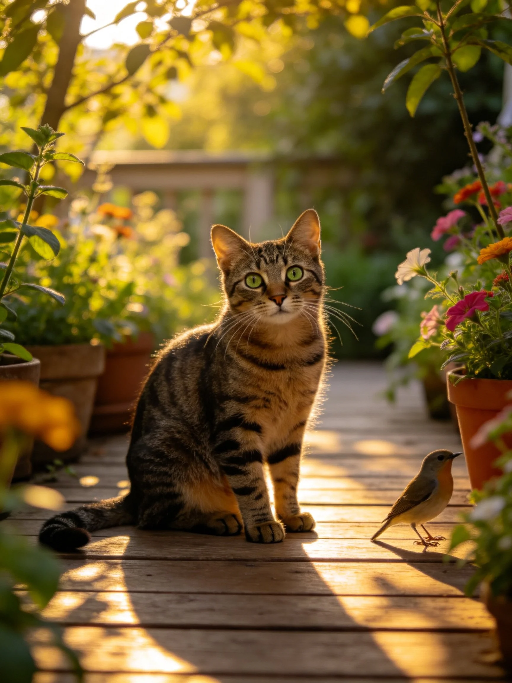 A tabby cat sits on a sunlit wooden deck near a small bird and potted flowers