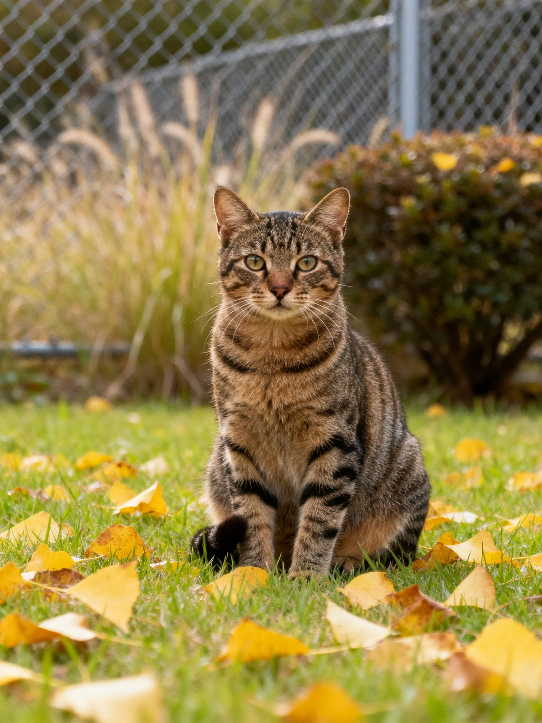 A tabby cat sits amid scattered yellow leaves in an outdoor setting.