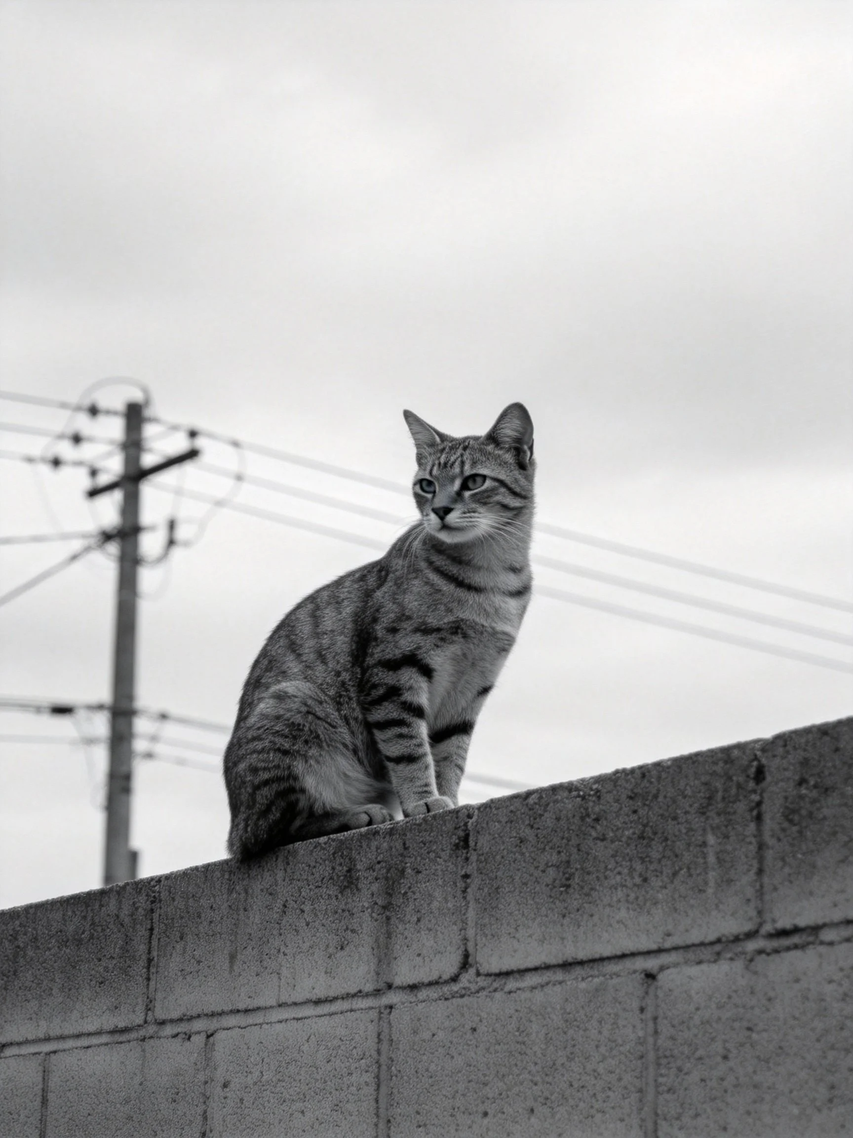 A tabby cat sits atop a concrete block wall with power lines in the distance