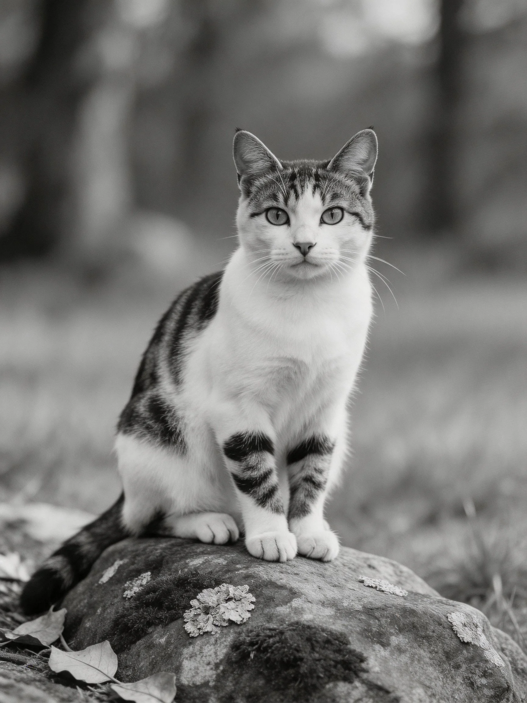 A tabby cat sits on a rock in a blurred outdoor setting.