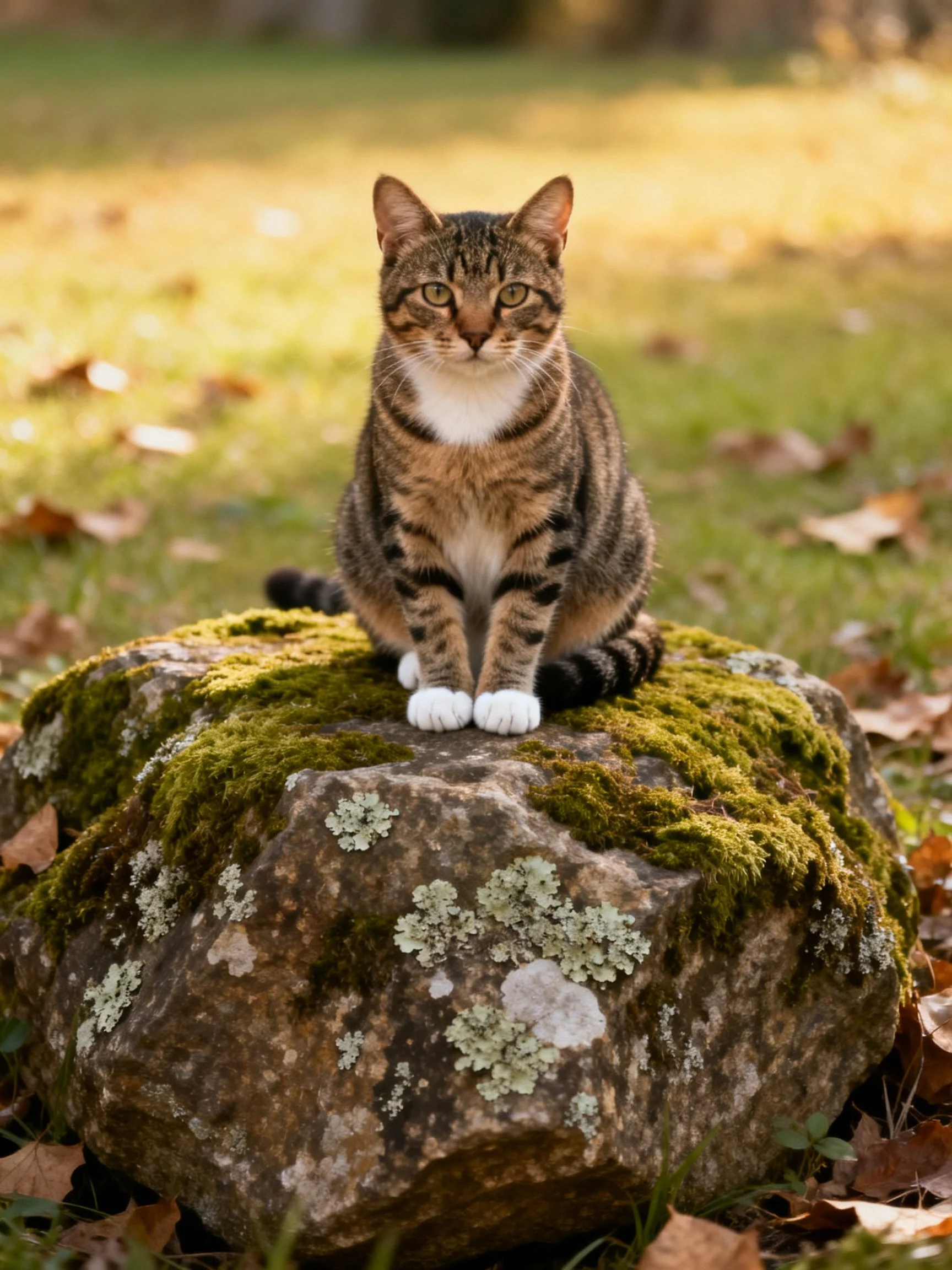 A tabby cat sits atop a moss-covered lichen-speckled rock