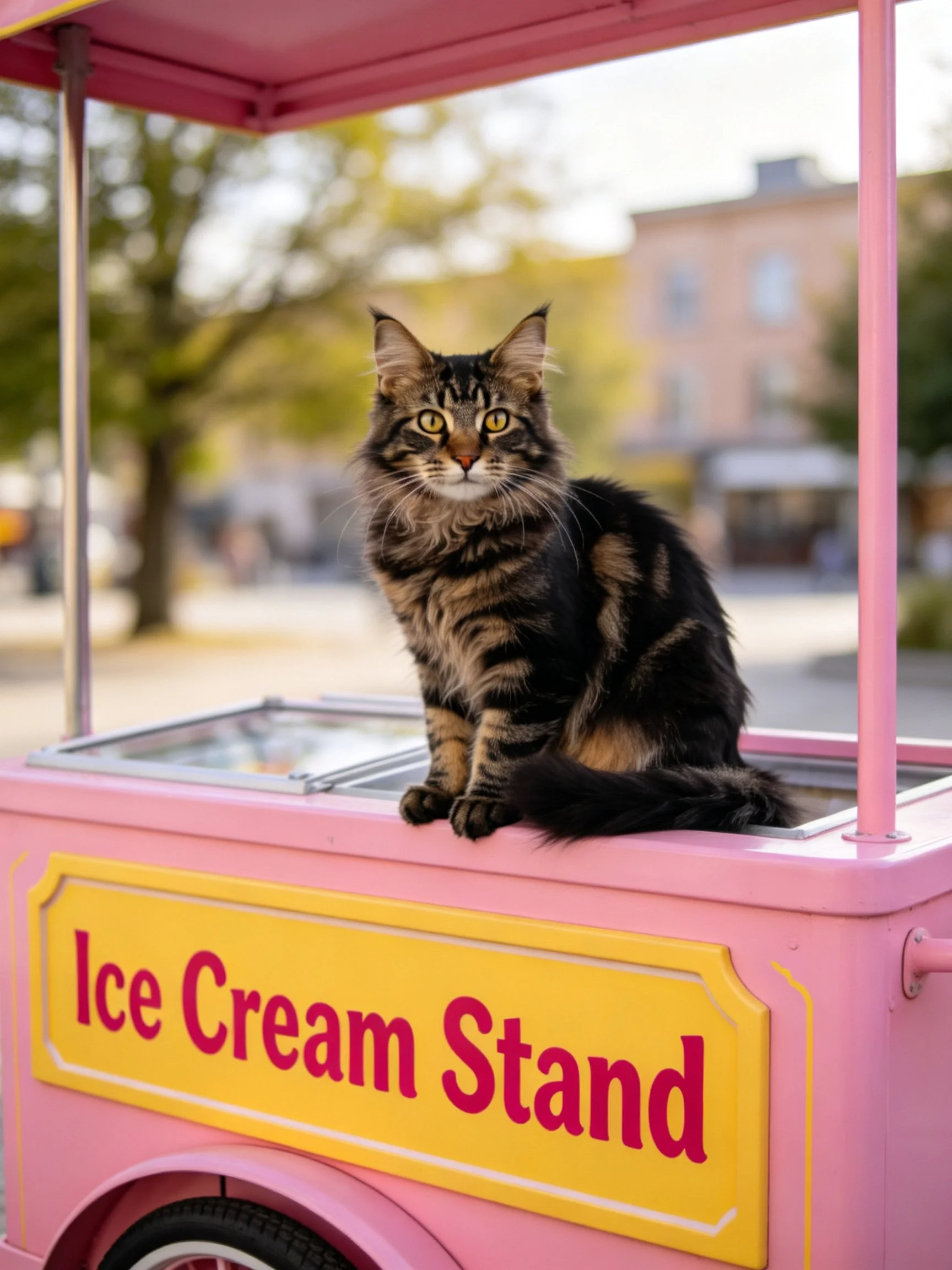 A tabby cat sits atop a pink ice cream stand with yellow signage