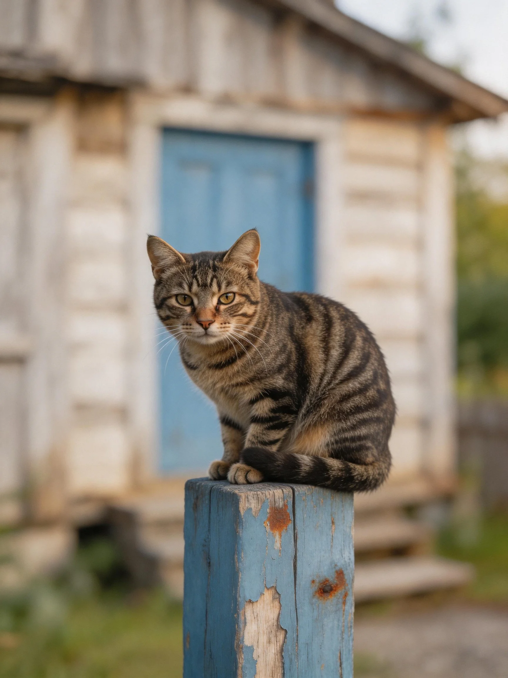 A tabby cat rests on a worn blue post next to an old wooden building.