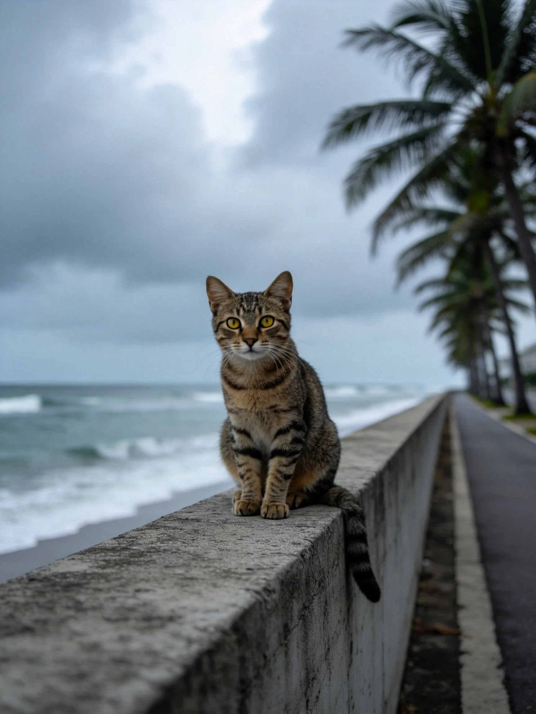 A tabby cat sits on a seawall overlooking the ocean under an overcast sky.